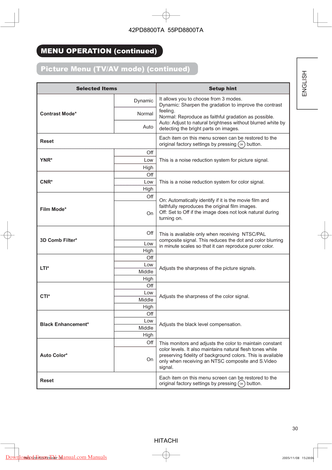 Hitachi 42PD8800TA, 55PD8800TA user manual Contrast Mode, Film Mode, 3D Comb Filter, Black Enhancement, Auto Color 