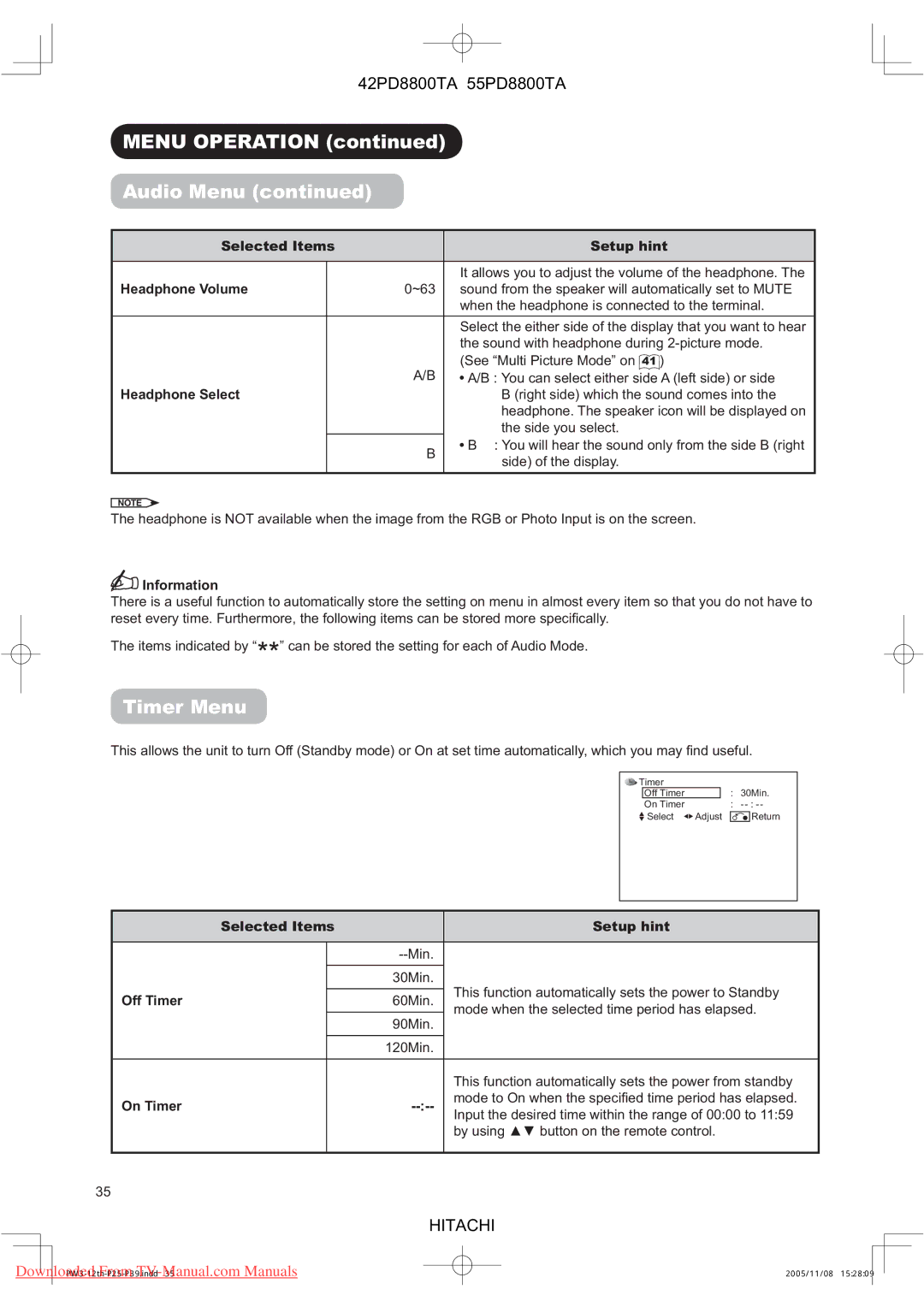 Hitachi 55PD8800TA, 42PD8800TA user manual Timer Menu, Headphone Volume, Headphone Select, Off Timer, On Timer 