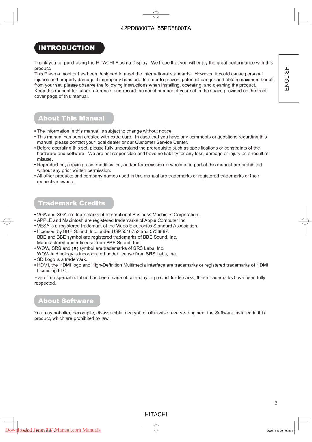 Hitachi 42PD8800TA, 55PD8800TA user manual Introduction, About This Manual, Trademark Credits, About Software 