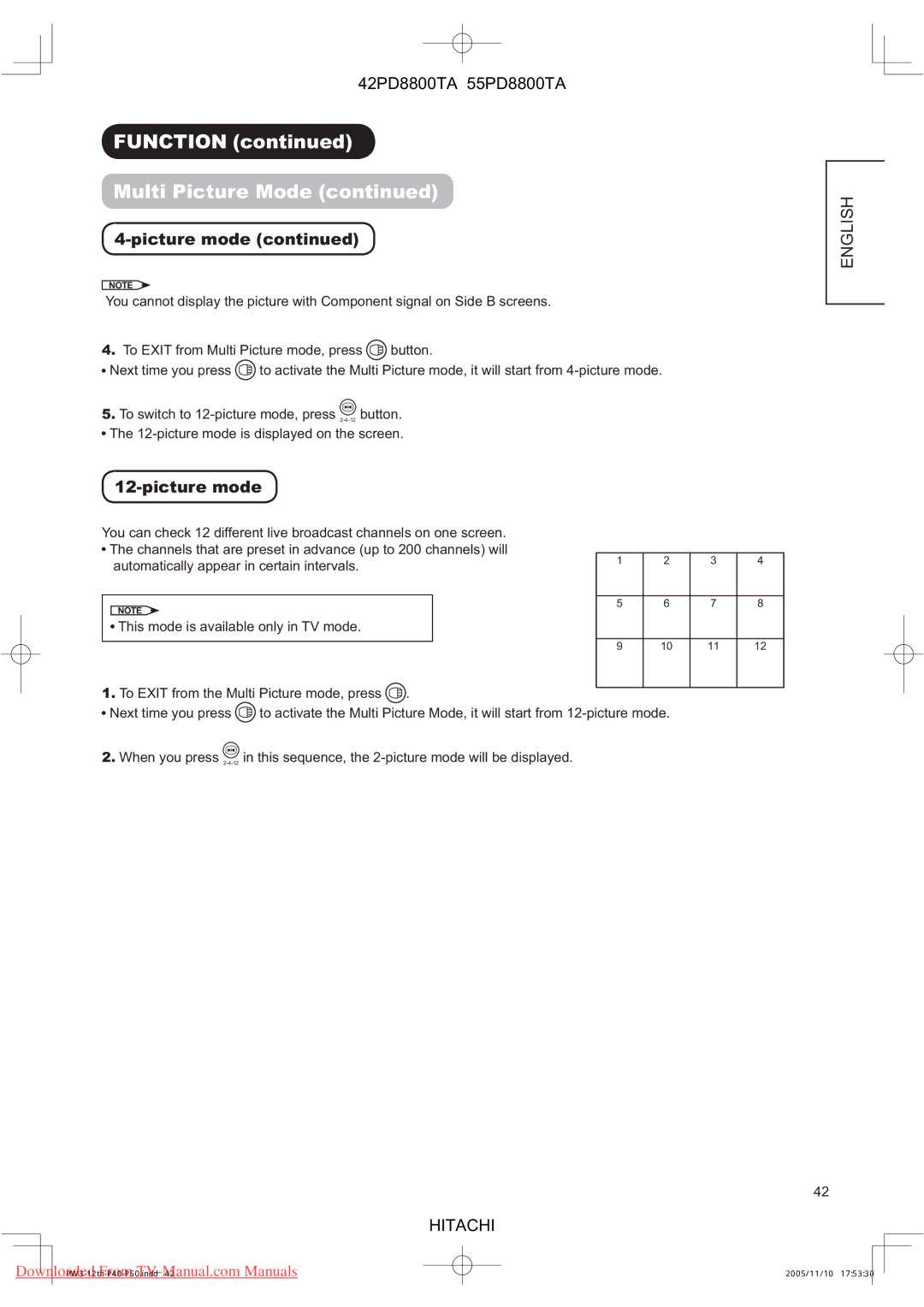 Hitachi 42PD8800TA, 55PD8800TA user manual Function Multi Picture Mode 