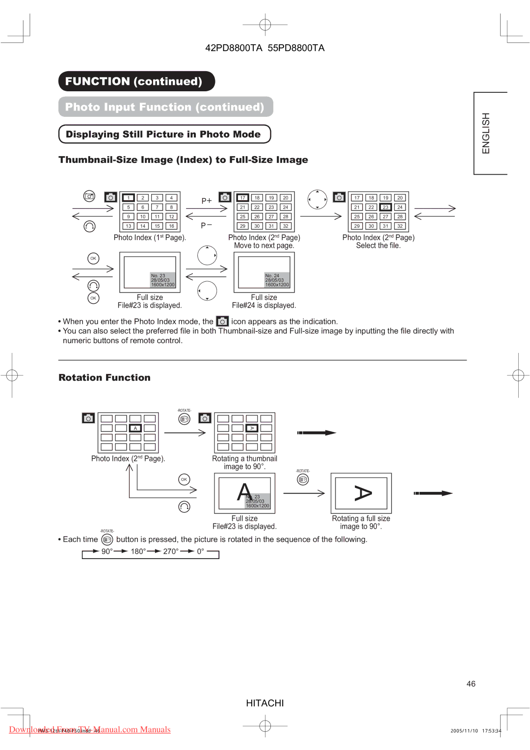 Hitachi 42PD8800TA, 55PD8800TA user manual Rotation Function, Move to next, Photo Index 2 nd, Full size File#23 is displayed 