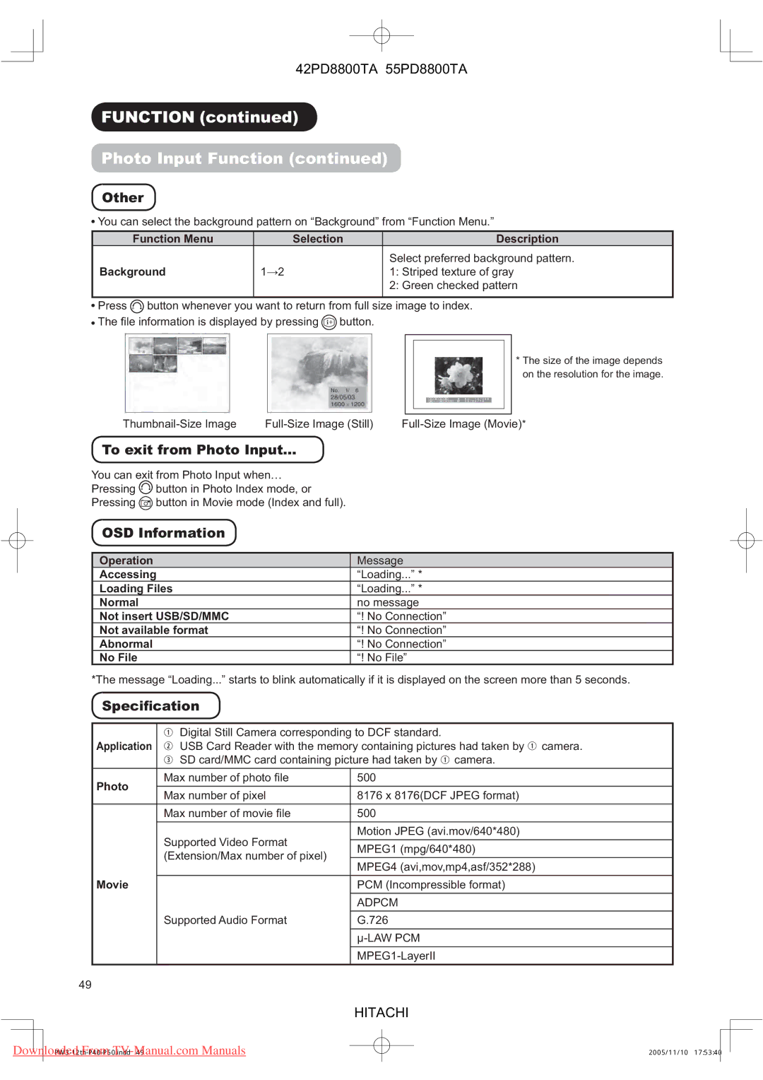 Hitachi 55PD8800TA, 42PD8800TA user manual Other, To exit from Photo Input…, OSD Information, Speciﬁcation 