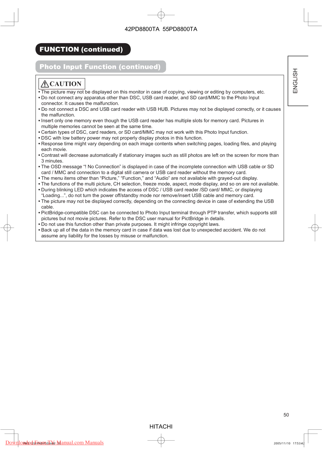 Hitachi 42PD8800TA, 55PD8800TA user manual Function Photo Input Function 