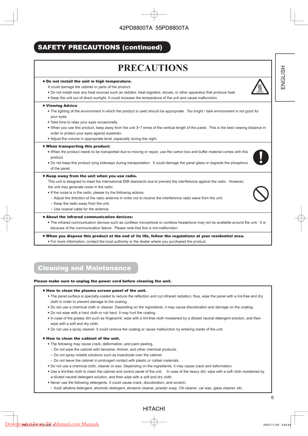 Hitachi 42PD8800TA, 55PD8800TA user manual Precautions, Cleaning and Maintenance 