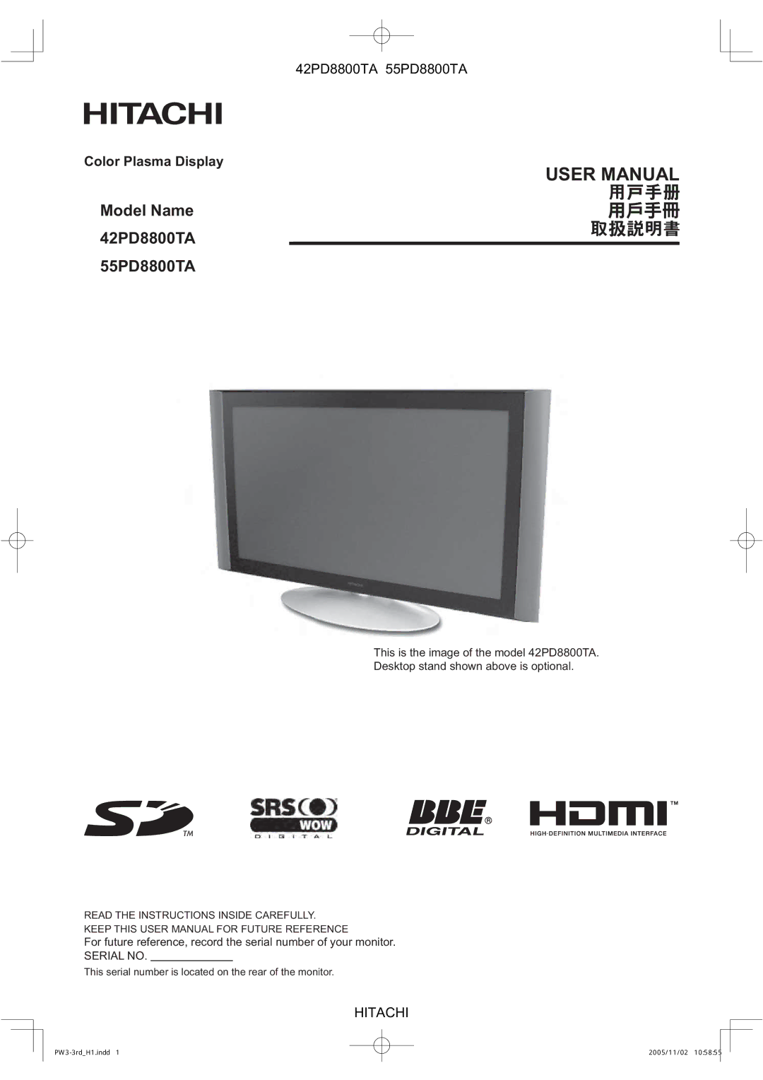 Hitachi user manual Model Name 42PD8800TA 55PD8800TA, Color Plasma Display 