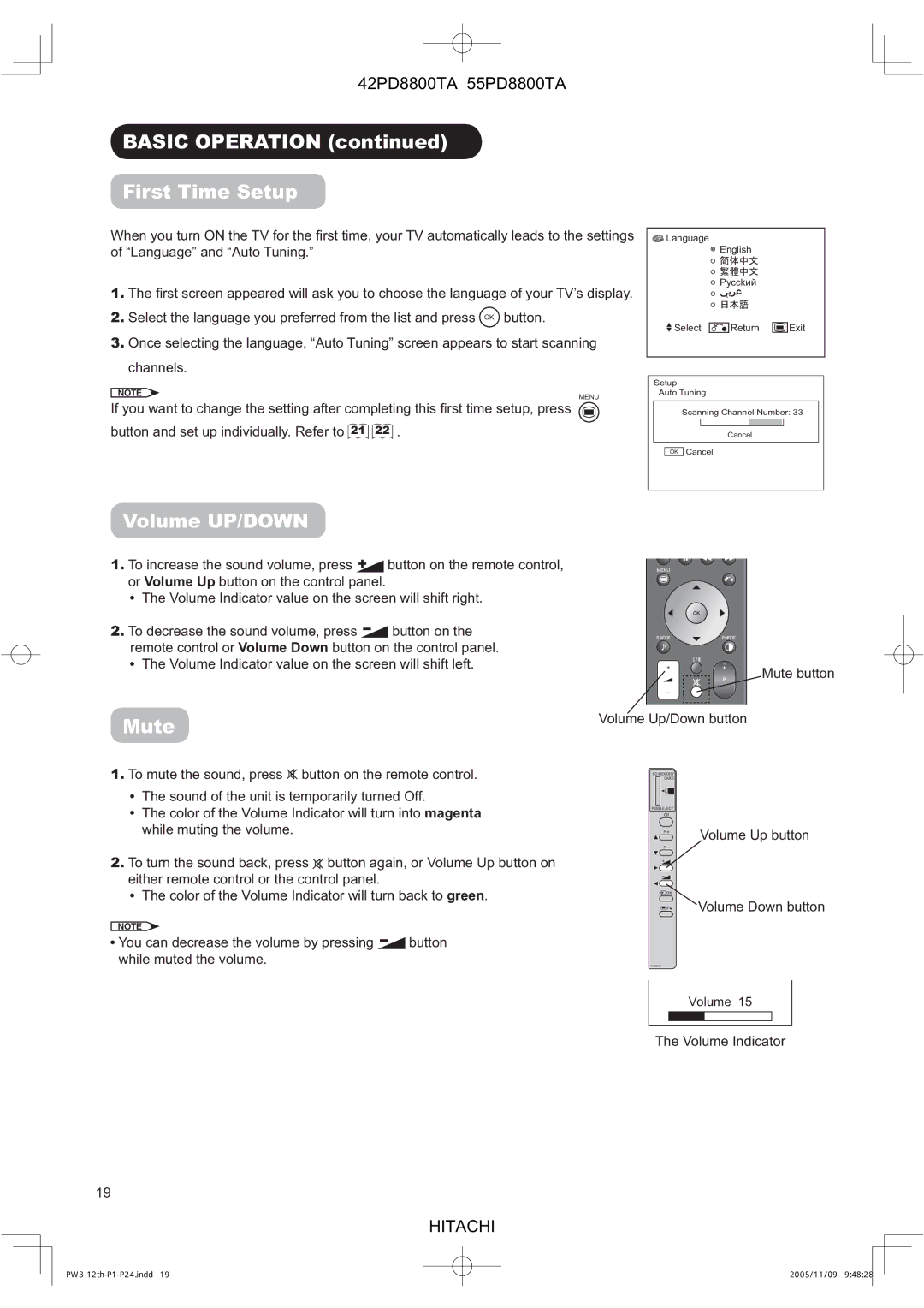 Hitachi 55PD8800TA, 42PD8800TA user manual Basic Operation First Time Setup, Volume UP/DOWN, Mute, Volume Indicator 