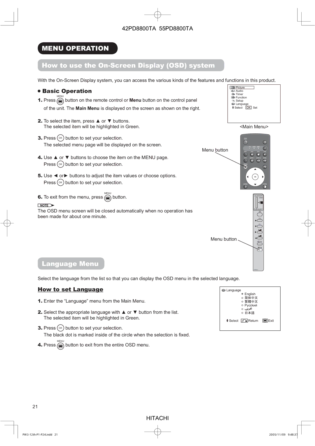 Hitachi 55PD8800TA, 42PD8800TA Menu Operation, How to use the On-Screen Display OSD system, Language Menu, Basic Operation 