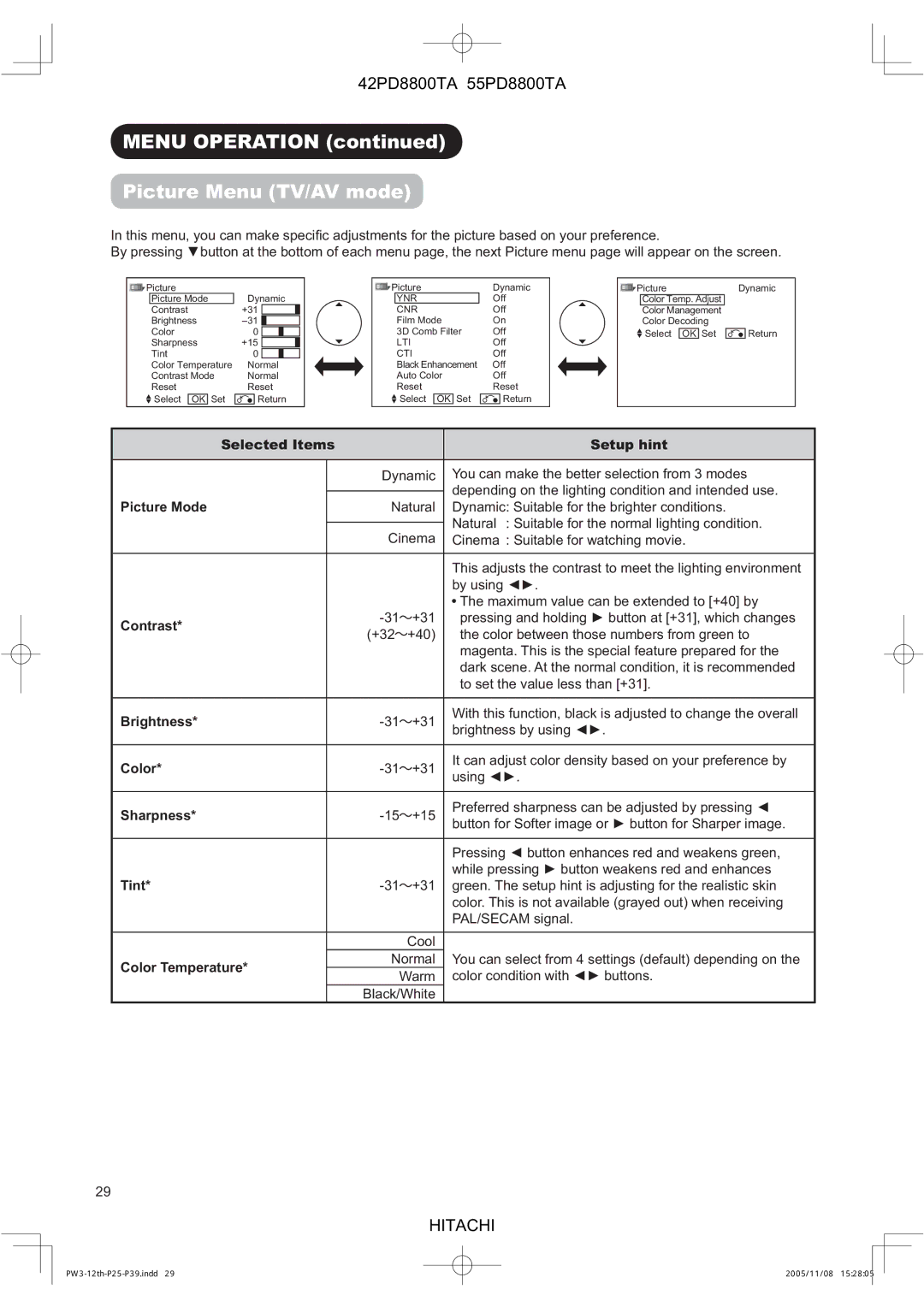 Hitachi 55PD8800TA, 42PD8800TA user manual Menu Operation Picture Menu TV/AV mode 