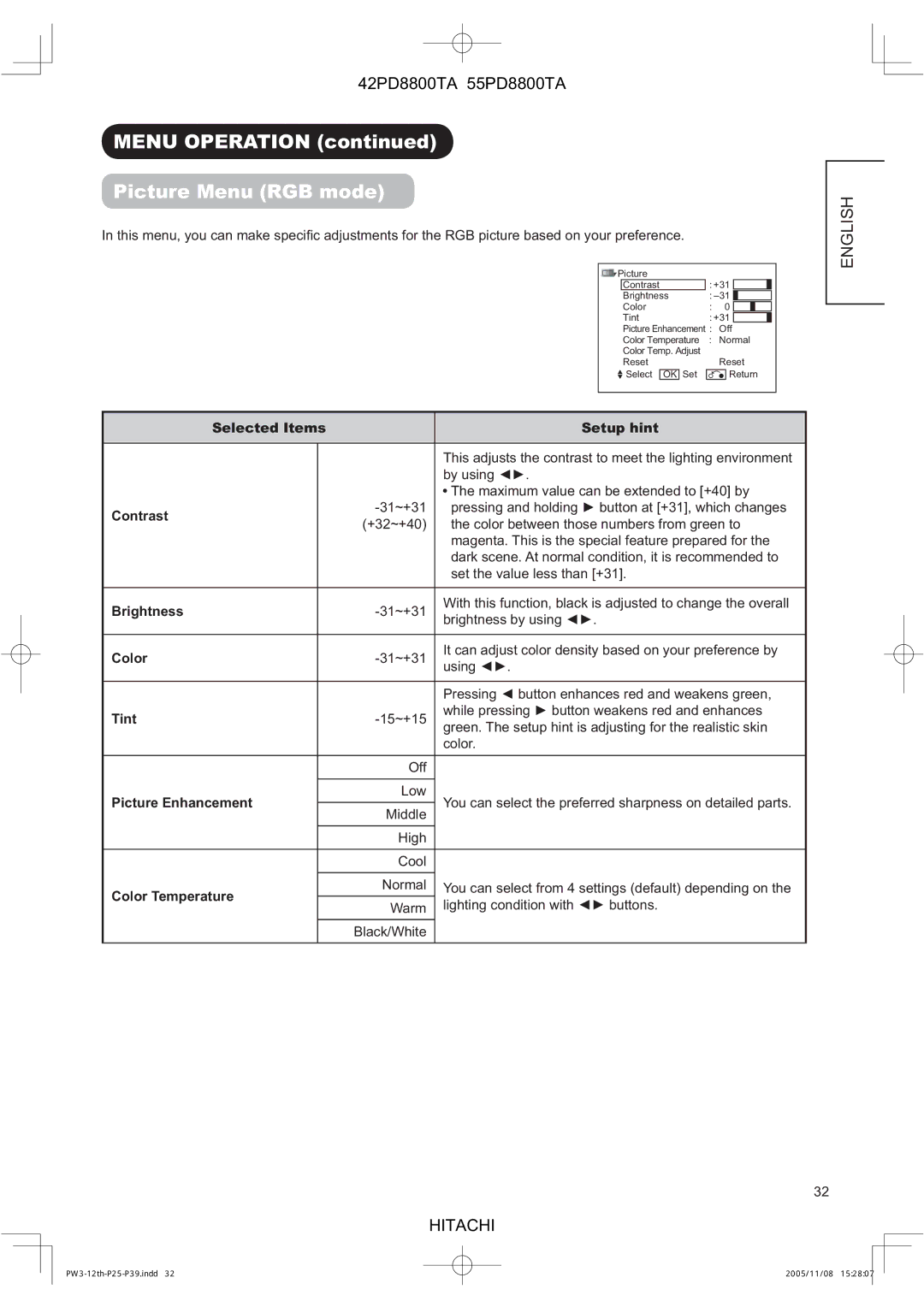 Hitachi 42PD8800TA, 55PD8800TA user manual Menu Operation Picture Menu RGB mode, Picture Enhancement, High Cool 