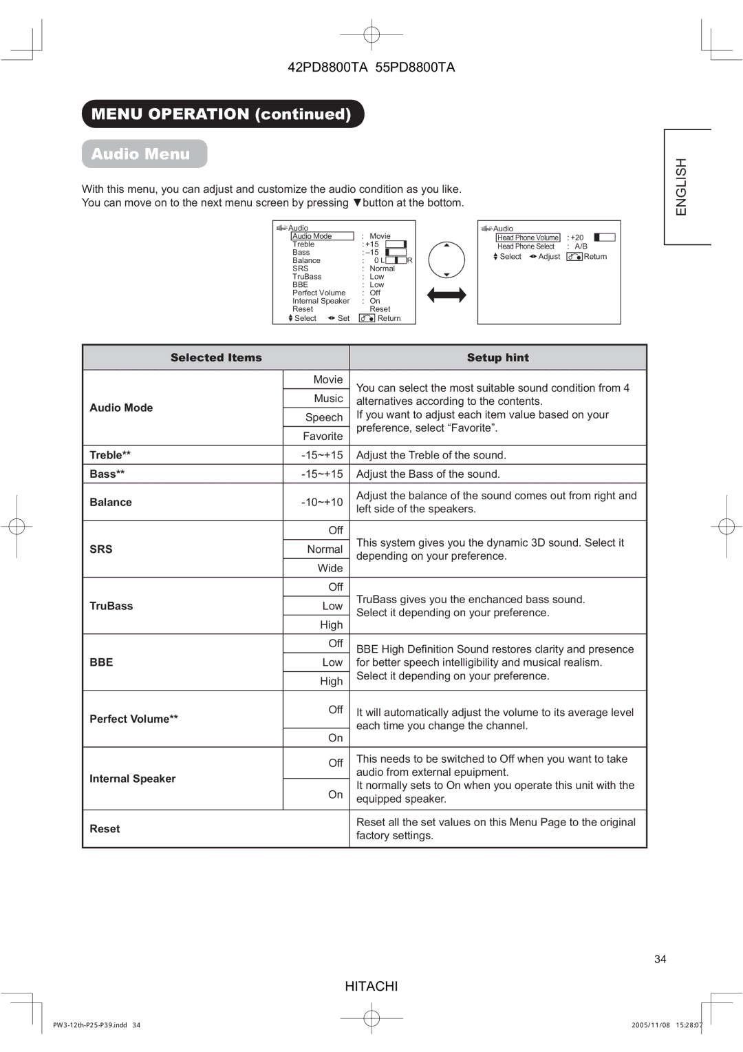 Hitachi 42PD8800TA, 55PD8800TA user manual Menu Operation Audio Menu 