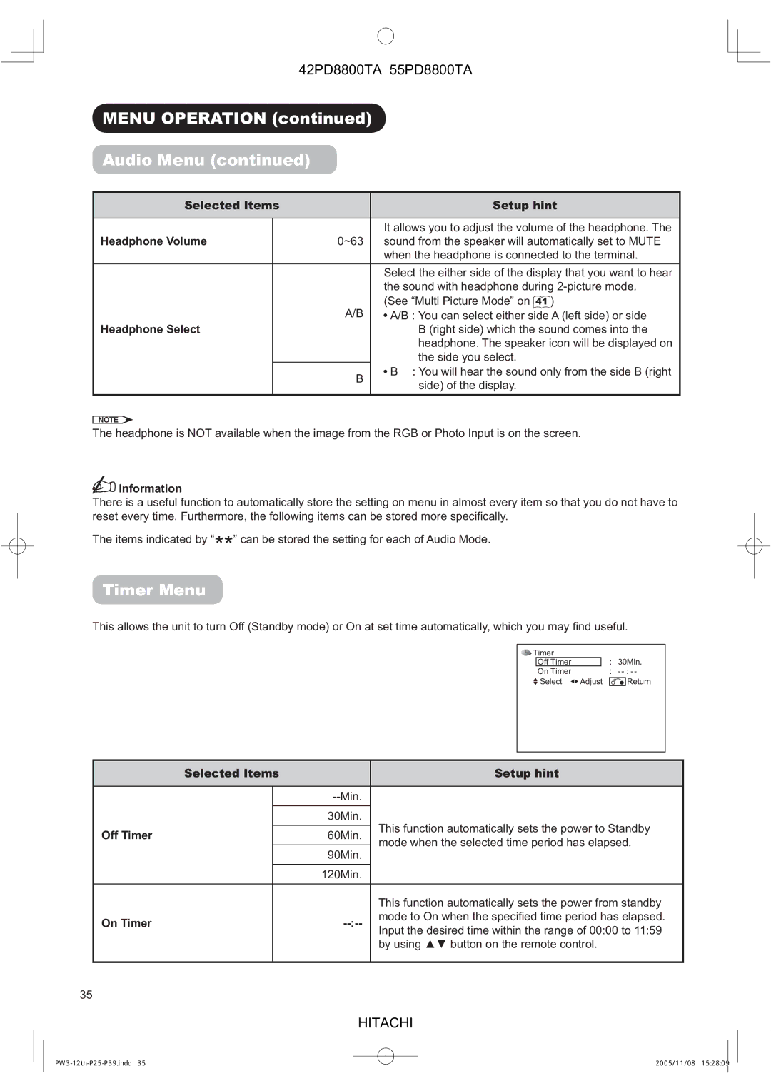 Hitachi 55PD8800TA, 42PD8800TA user manual Timer Menu, Headphone Volume, Headphone Select, Off Timer, On Timer 