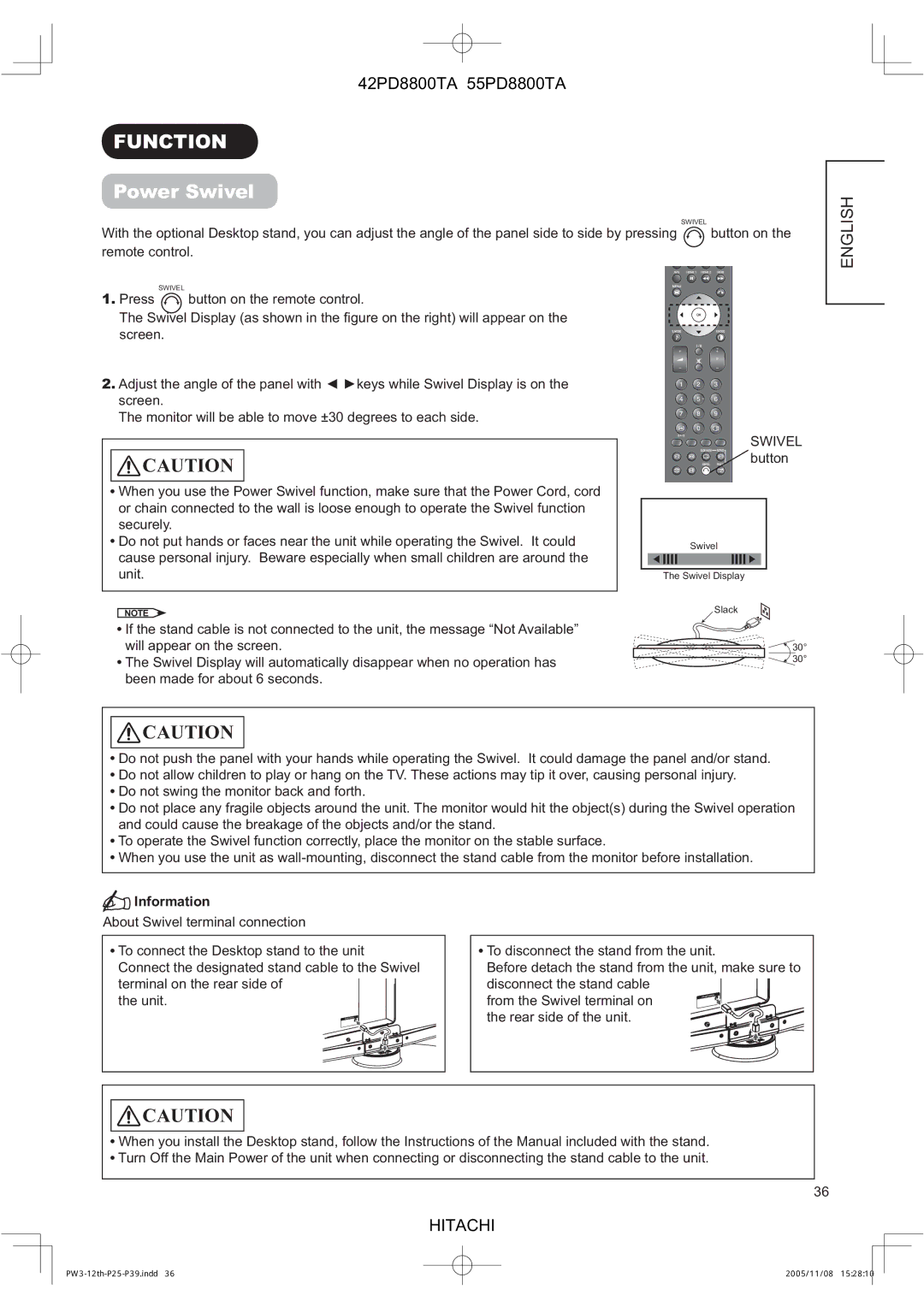 Hitachi 42PD8800TA, 55PD8800TA user manual Function, Power Swivel 