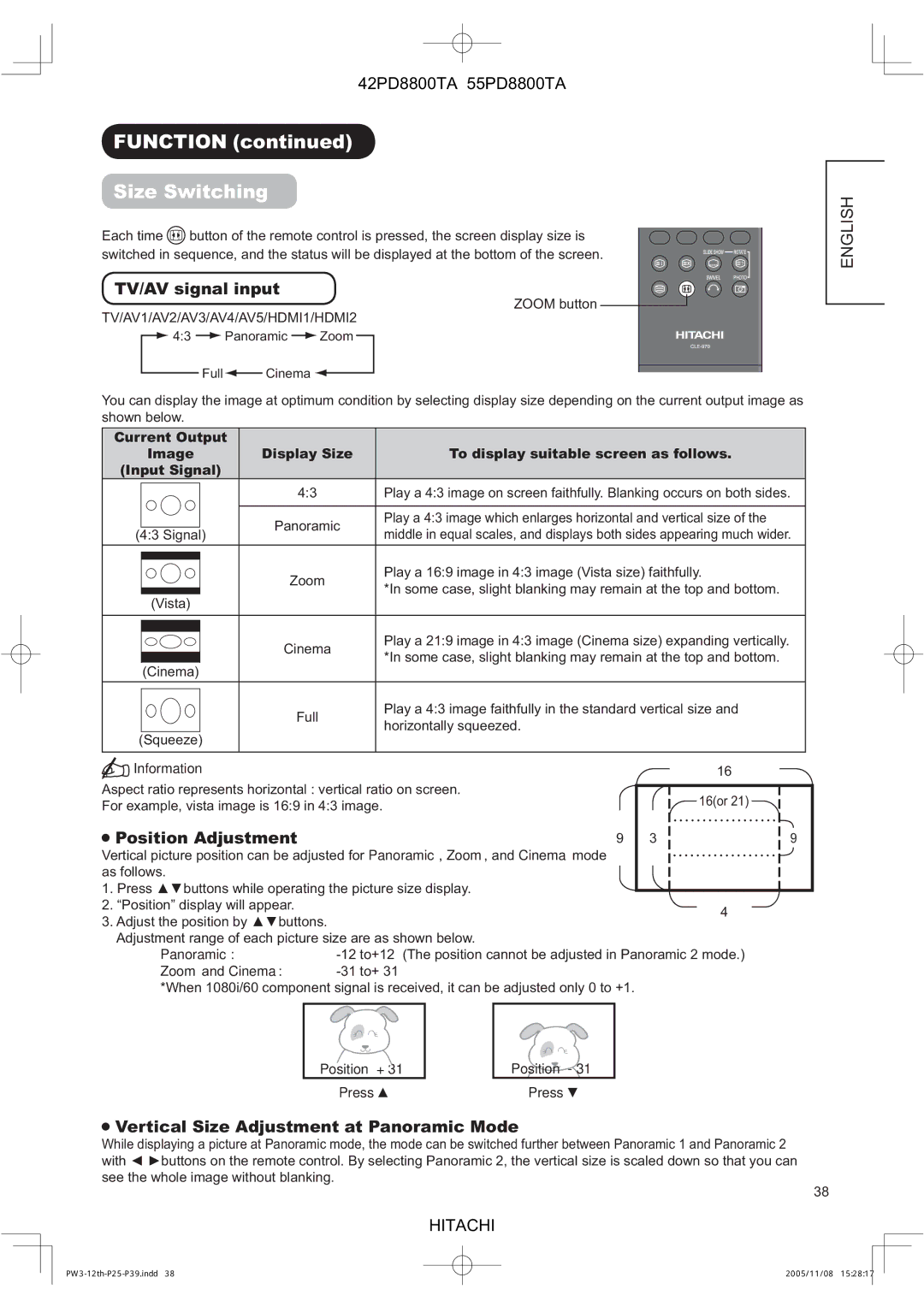 Hitachi 42PD8800TA, 55PD8800TA user manual Function Size Switching, TV/AV signal input, Position Adjustment 