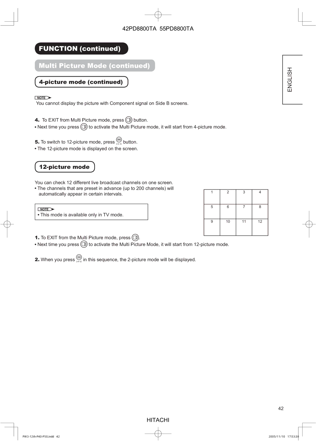 Hitachi 42PD8800TA, 55PD8800TA user manual Function Multi Picture Mode 