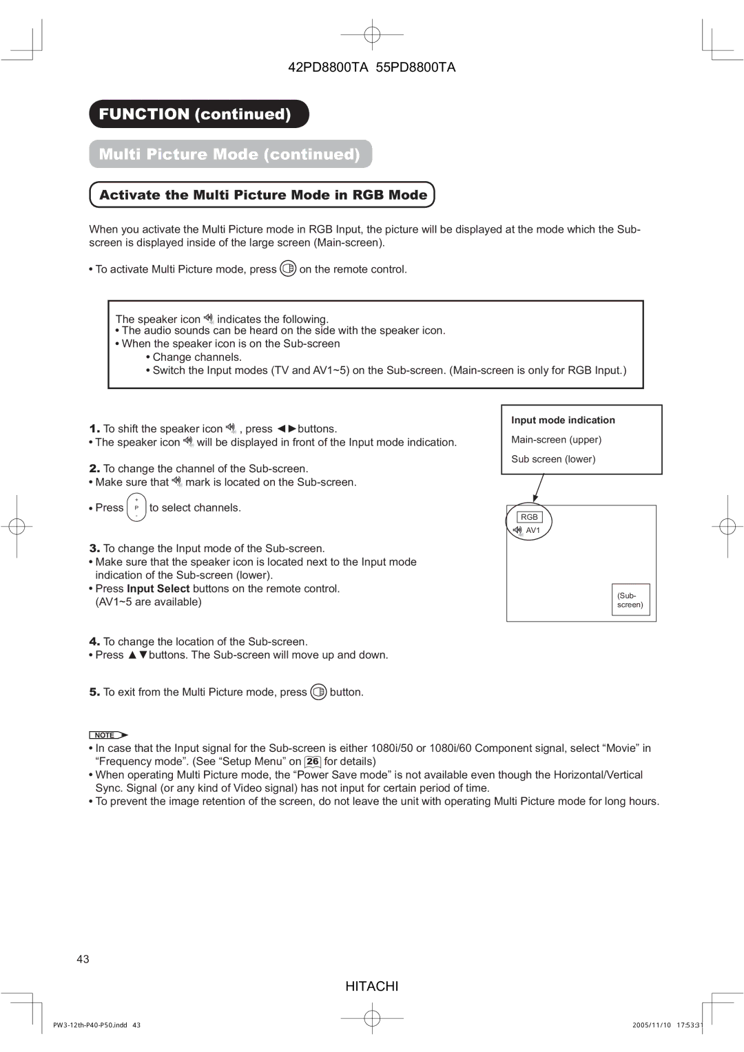 Hitachi 55PD8800TA, 42PD8800TA user manual Activate the Multi Picture Mode in RGB Mode 