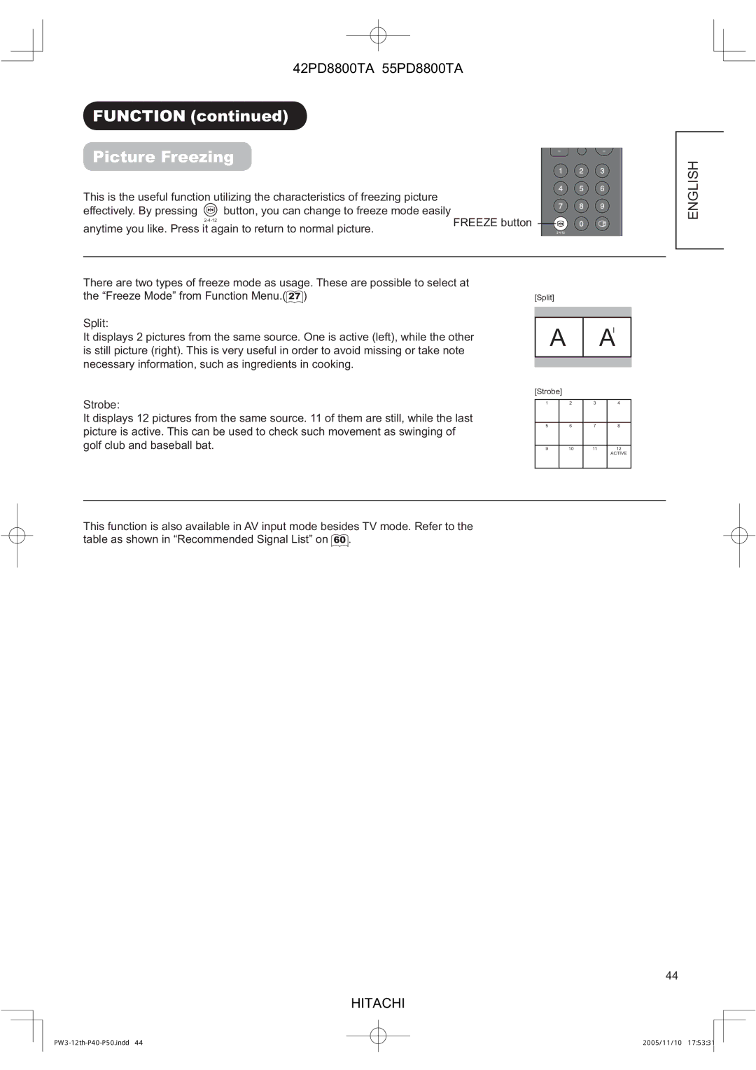 Hitachi 42PD8800TA, 55PD8800TA user manual Function Picture Freezing, Split, Strobe 