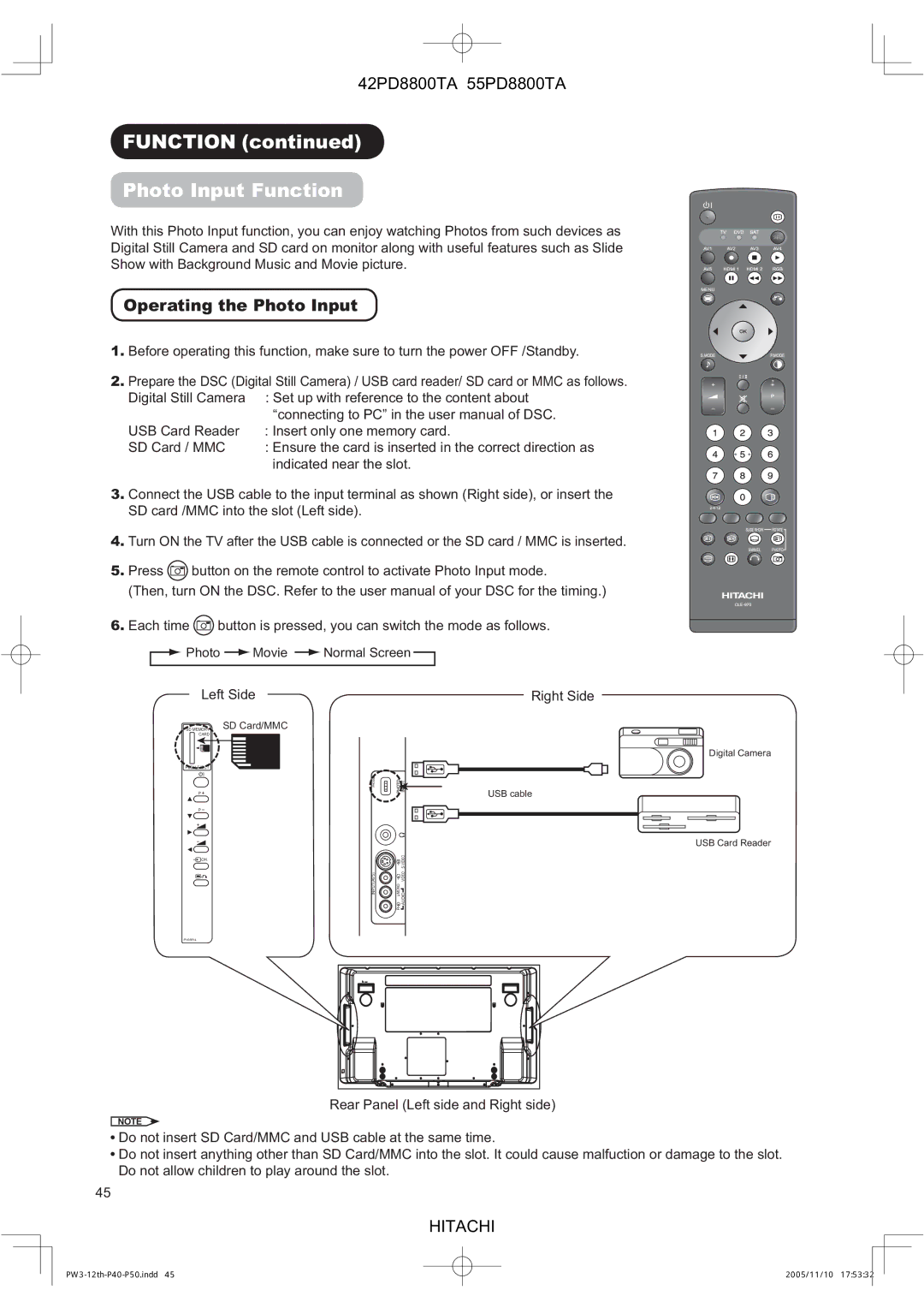 Hitachi 55PD8800TA user manual Function Photo Input Function, Operating the Photo Input, Indicated near the slot, Left Side 