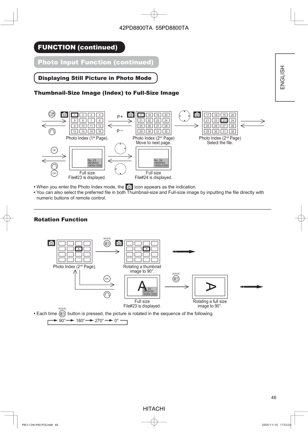 Hitachi 42PD8800TA, 55PD8800TA user manual Rotation Function, Move to next, Photo Index 2 nd, Full size File#23 is displayed 