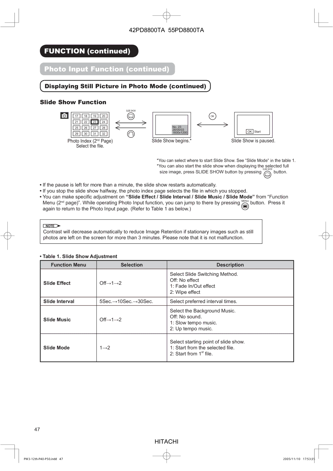 Hitachi 55PD8800TA, 42PD8800TA user manual Displaying Still Picture in Photo Mode Slide Show Function 