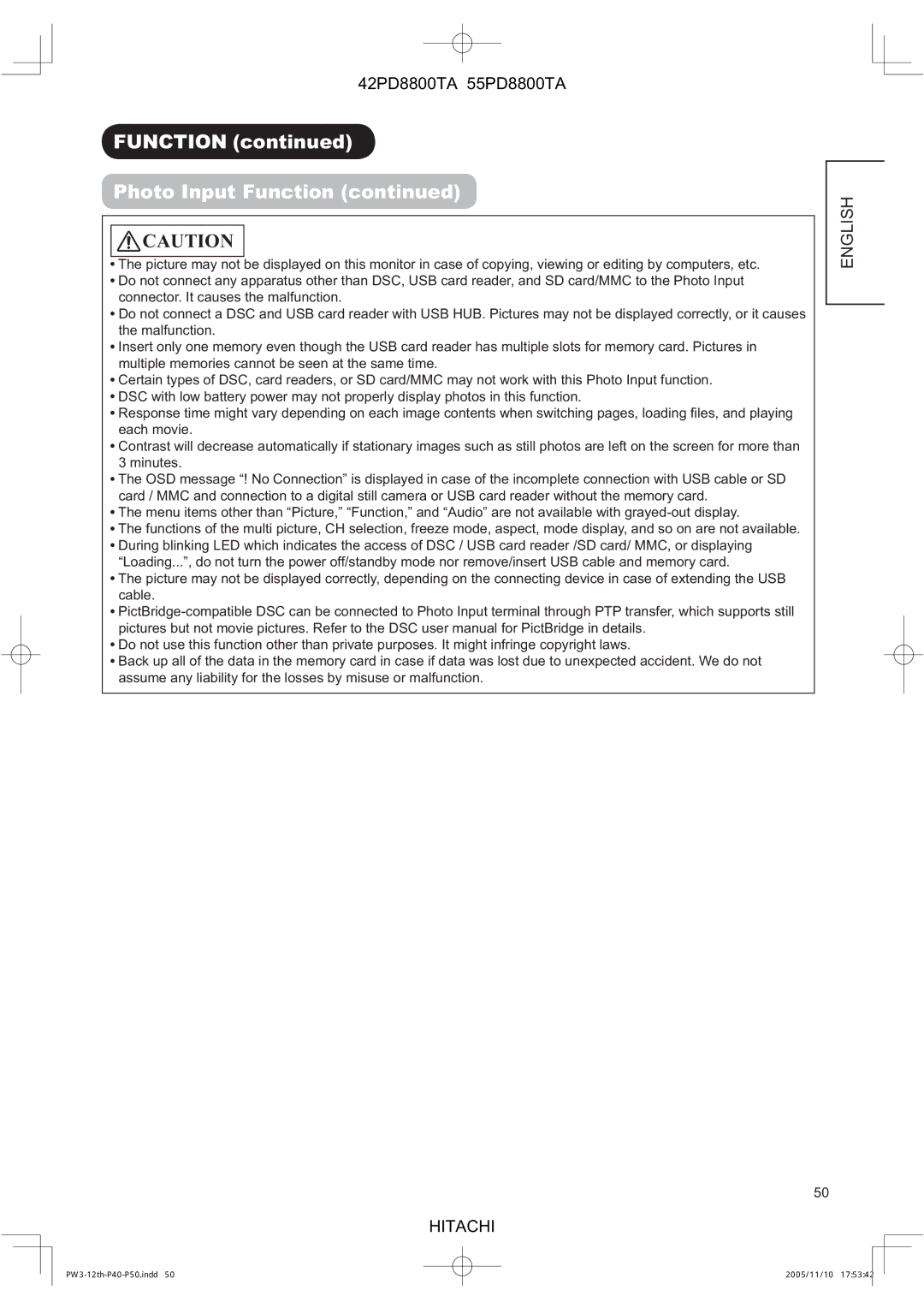 Hitachi 42PD8800TA, 55PD8800TA user manual Function Photo Input Function 