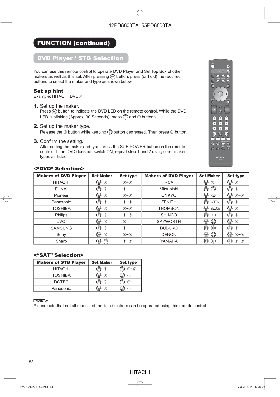 Hitachi 55PD8800TA, 42PD8800TA user manual Function DVD Player / STB Selection, Set up hint, DVD Selection, SAT Selection 