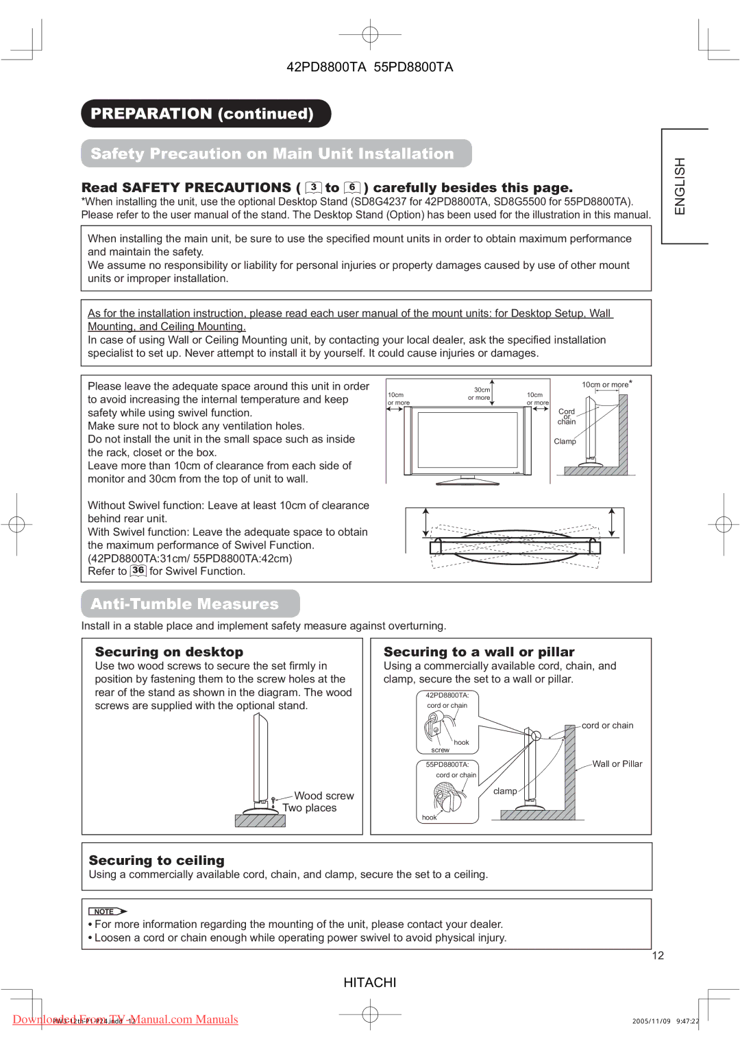 Hitachi 42PD8800TA, 55PD8800TA user manual Preparation Safety Precaution on Main Unit Installation, Anti-Tumble Measures 