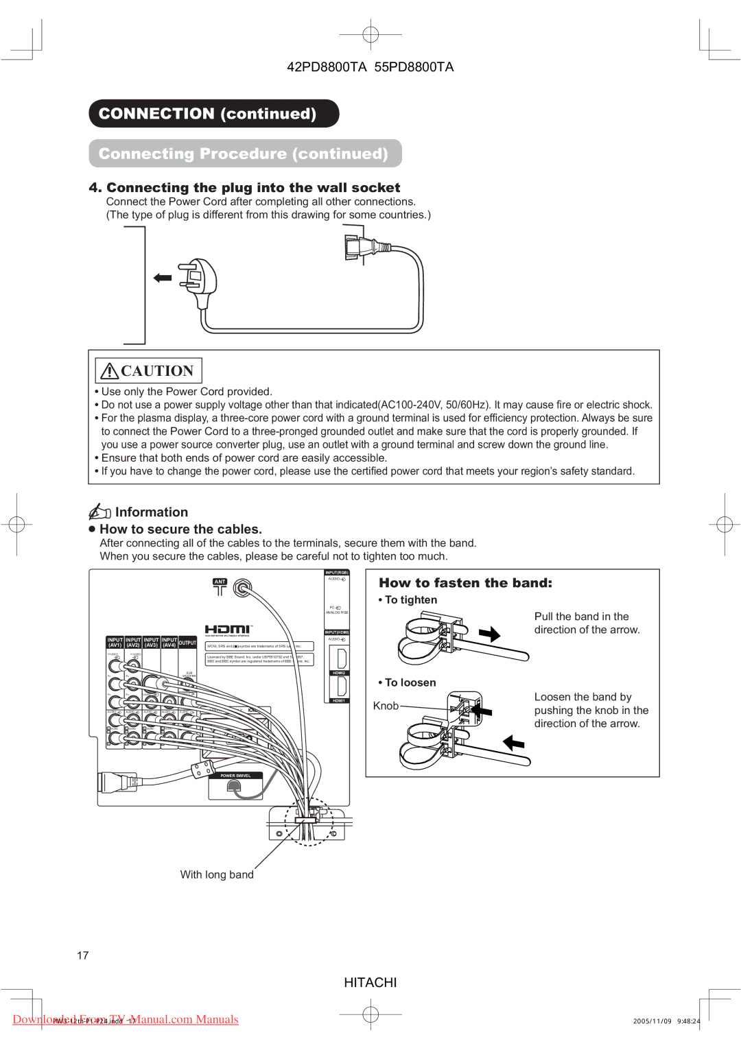 Hitachi 55PD8800TA Connecting the plug into the wall socket, Information How to secure the cables, How to fasten the band 