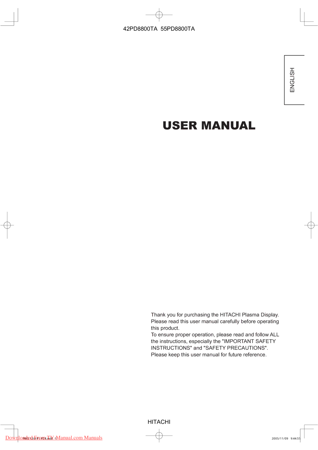 Hitachi 42PD8800TA, 55PD8800TA user manual English 