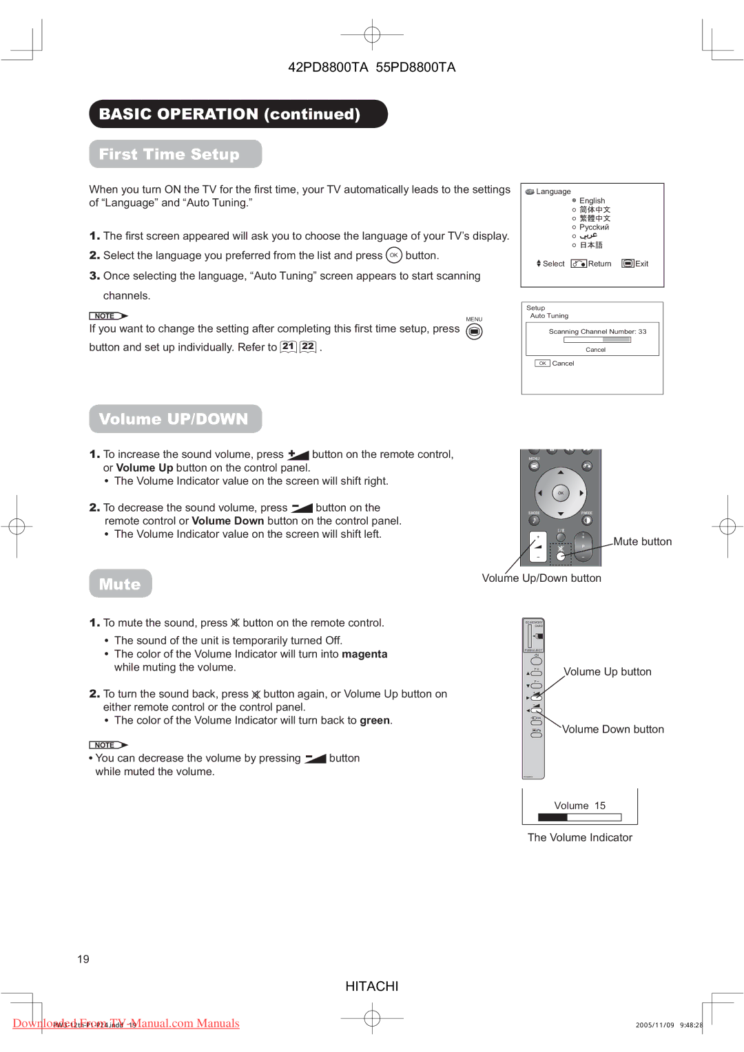 Hitachi 55PD8800TA, 42PD8800TA user manual Basic Operation First Time Setup, Volume UP/DOWN, Mute, Volume Indicator 