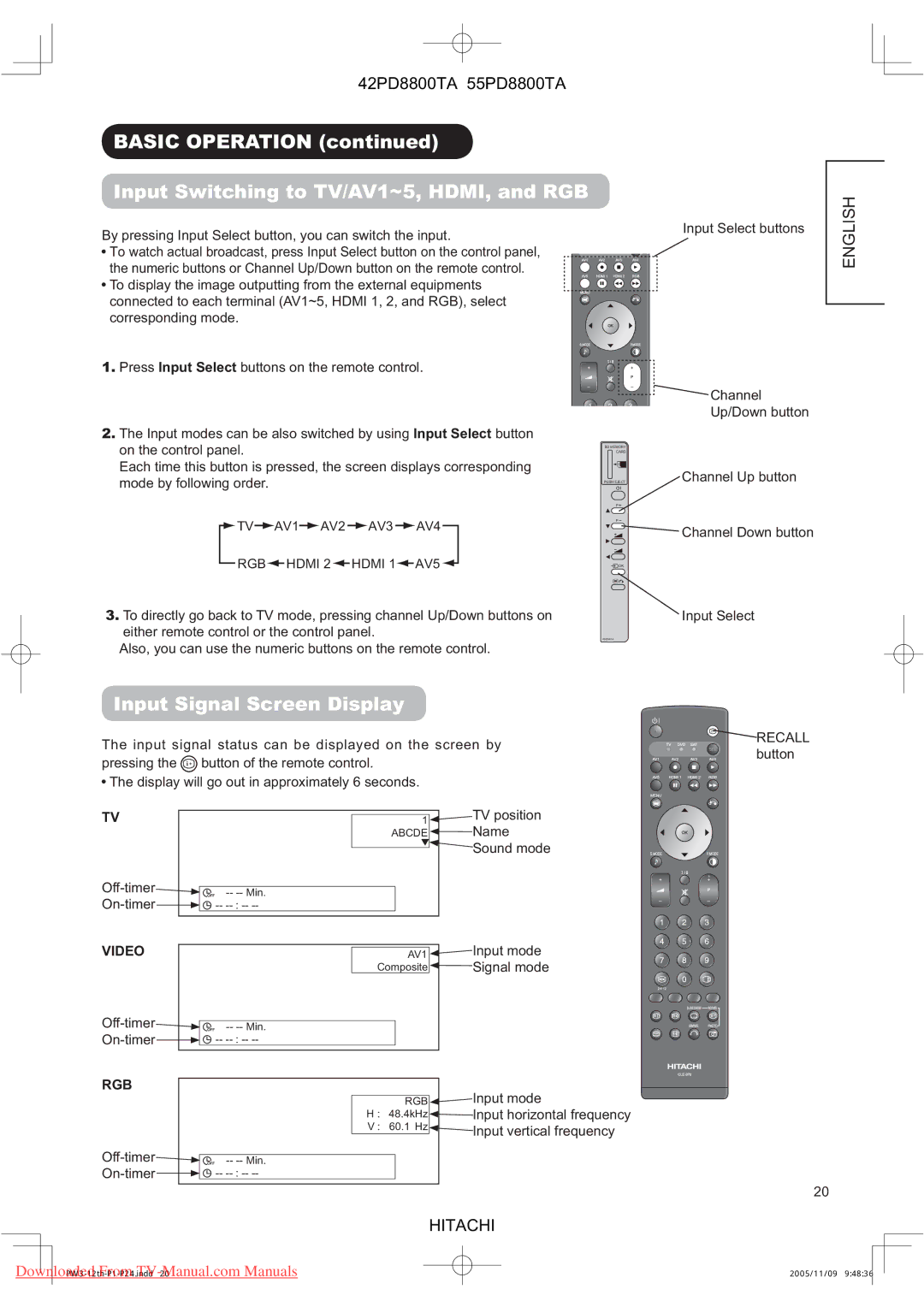 Hitachi 42PD8800TA, 55PD8800TA Basic Operation Input Switching to TV/AV1~5, HDMI, and RGB, Input Signal Screen Display 