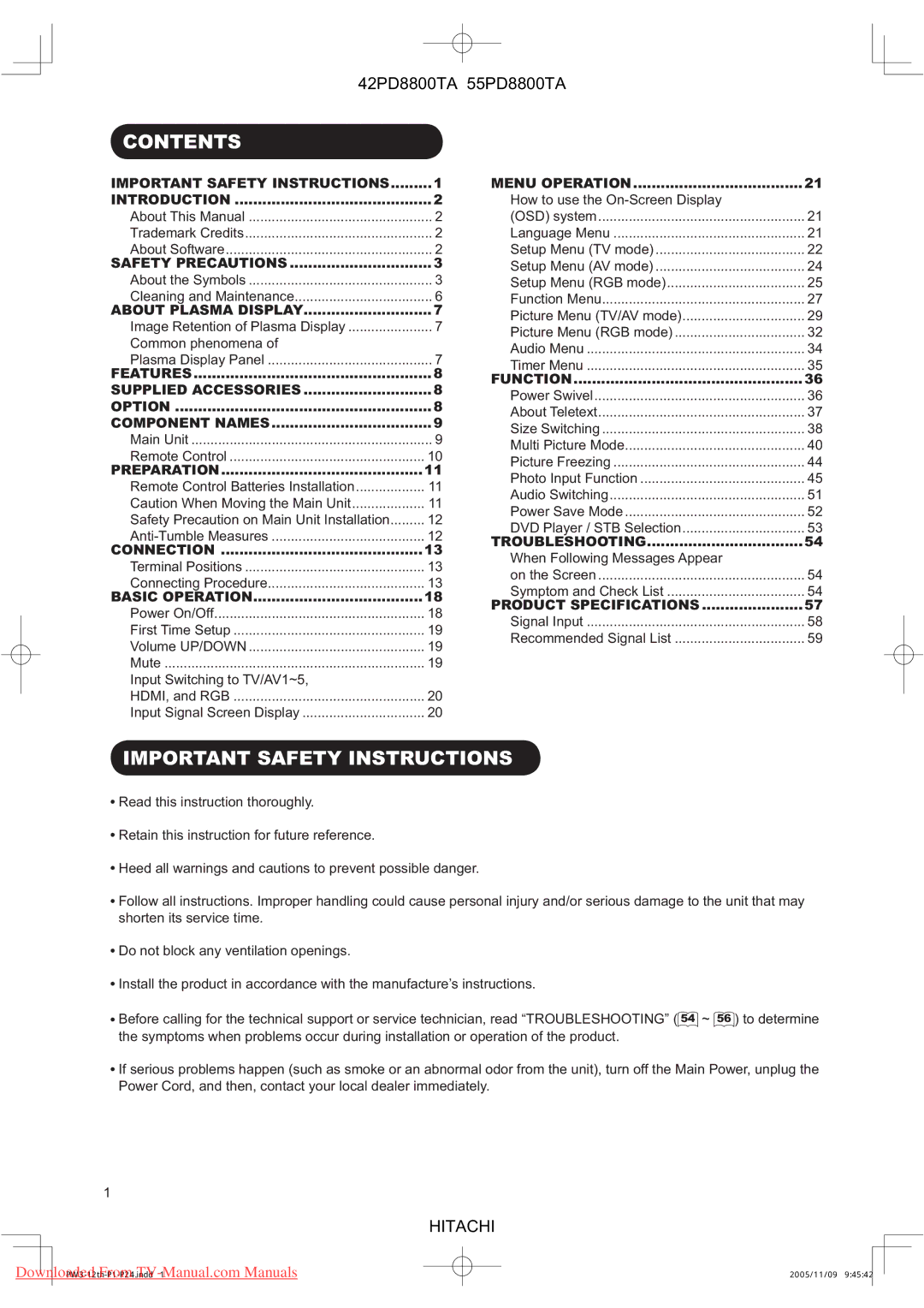 Hitachi 55PD8800TA, 42PD8800TA user manual Contents, Important Safety Instructions 