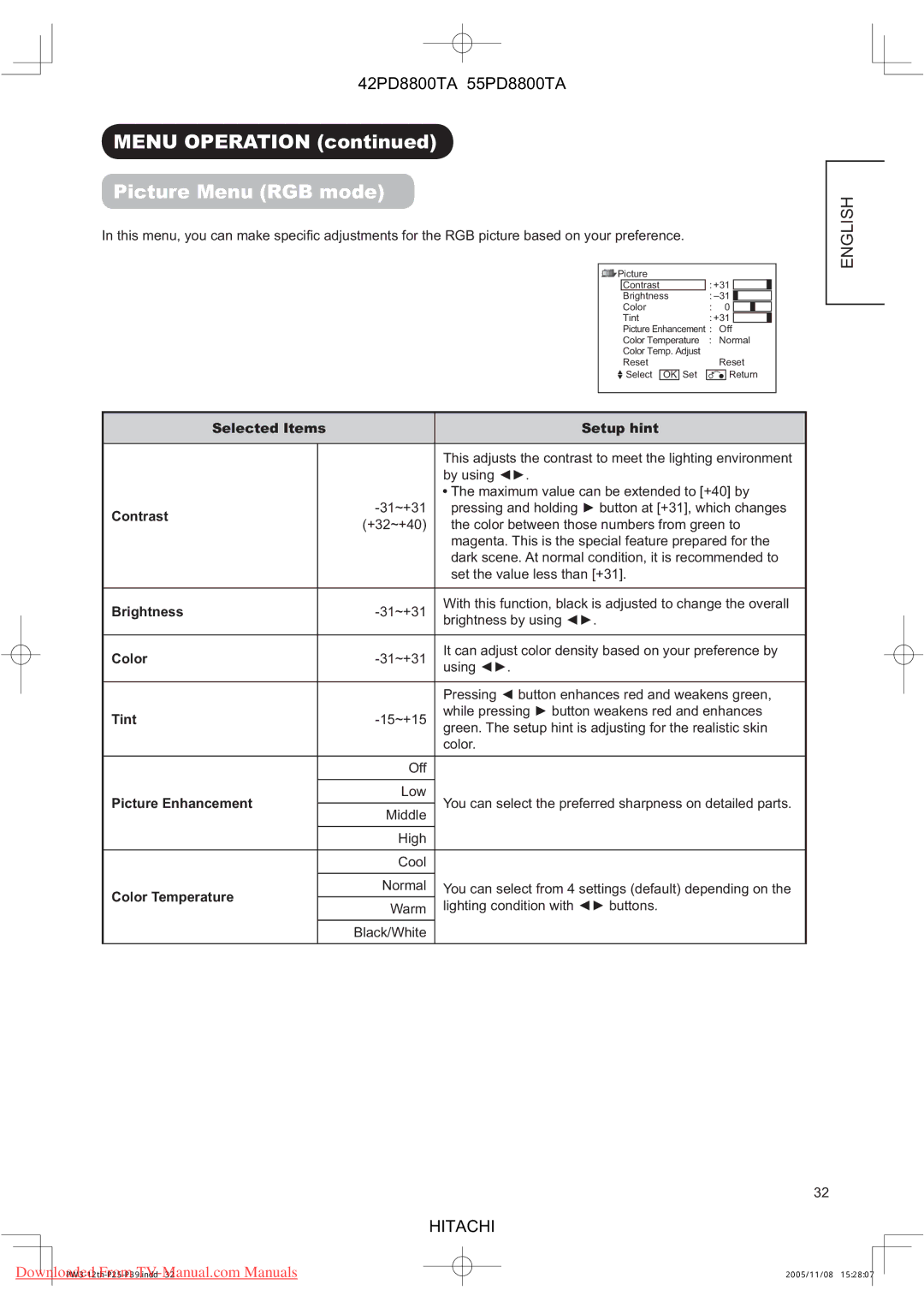 Hitachi 42PD8800TA, 55PD8800TA user manual Menu Operation Picture Menu RGB mode, Picture Enhancement, High Cool 