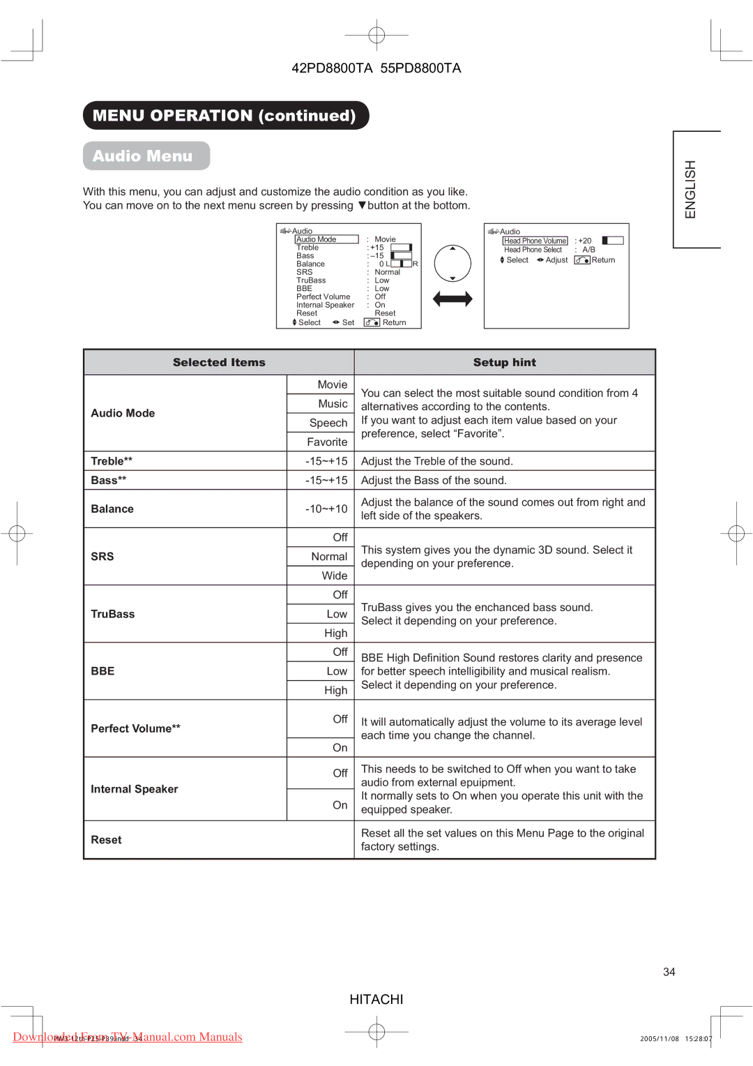 Hitachi 42PD8800TA, 55PD8800TA user manual Menu Operation Audio Menu 