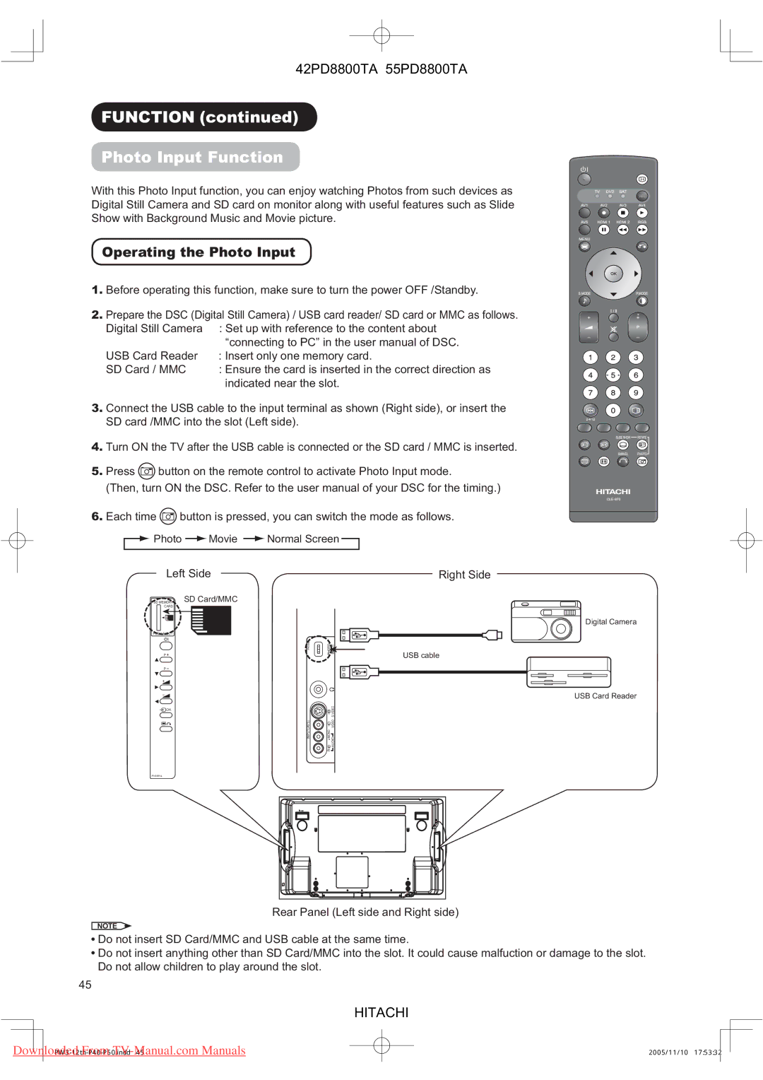 Hitachi 55PD8800TA user manual Function Photo Input Function, Operating the Photo Input, Indicated near the slot, Left Side 