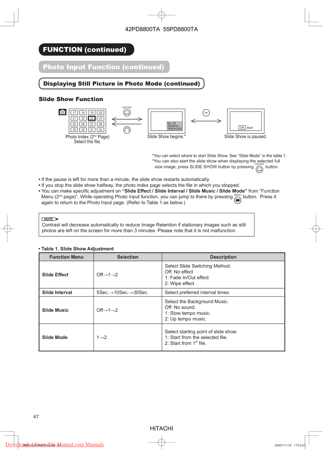 Hitachi 55PD8800TA, 42PD8800TA user manual Displaying Still Picture in Photo Mode Slide Show Function 