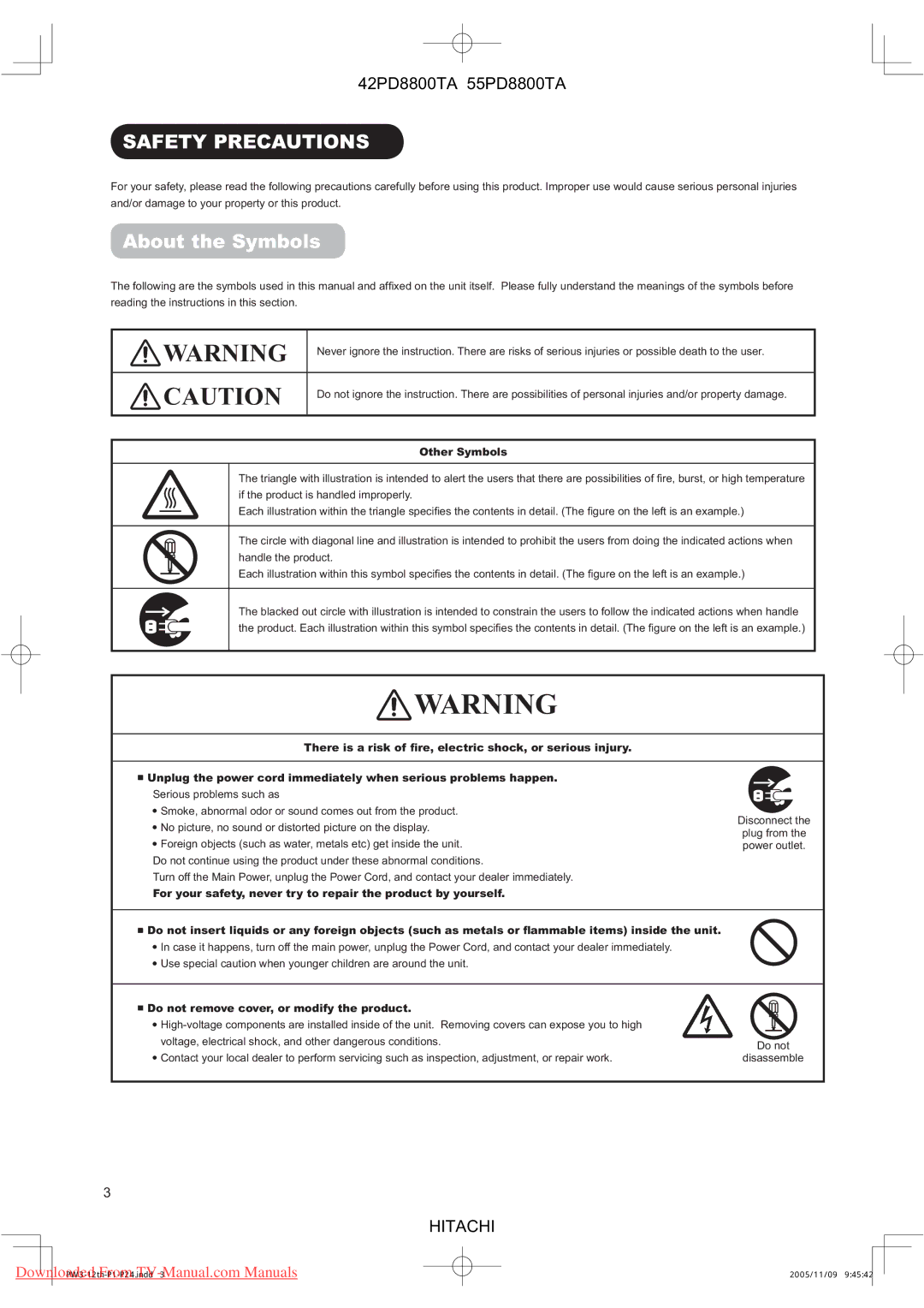 Hitachi 55PD8800TA, 42PD8800TA user manual Safety Precautions, About the Symbols 