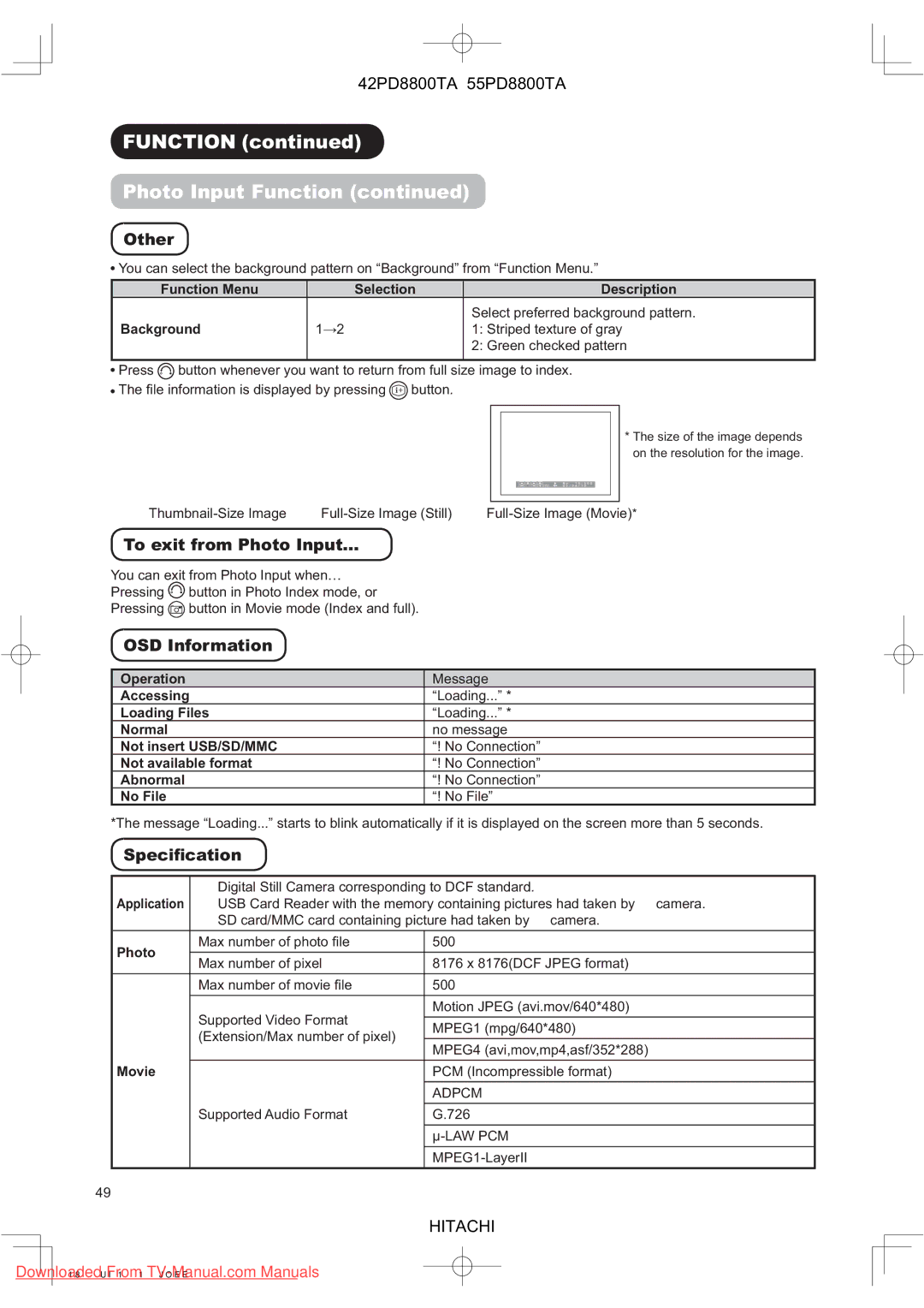 Hitachi 55PD8800TA, 42PD8800TA user manual Other, To exit from Photo Input…, OSD Information, Speciﬁcation 