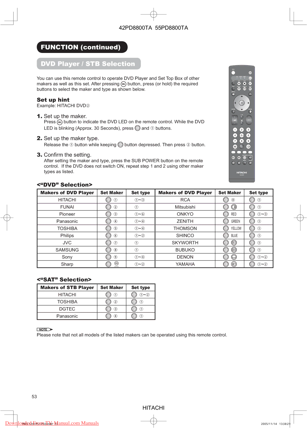 Hitachi 55PD8800TA, 42PD8800TA user manual Function DVD Player / STB Selection, Set up hint, DVD Selection, SAT Selection 