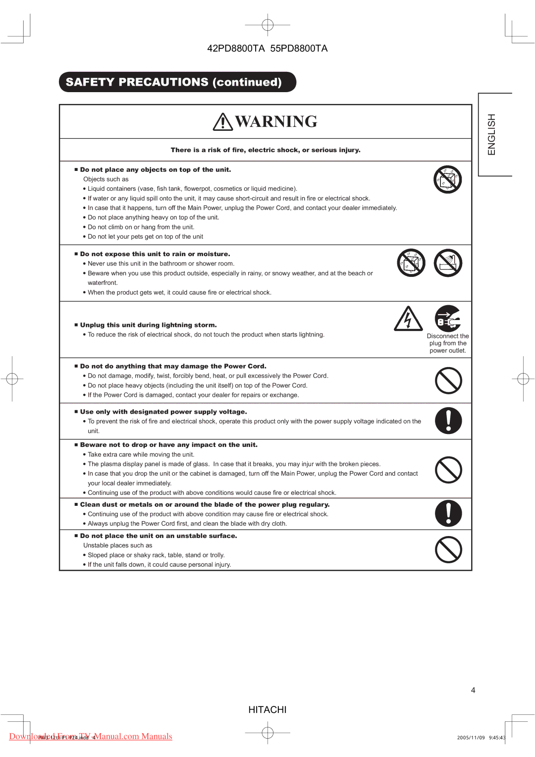 Hitachi 42PD8800TA, 55PD8800TA user manual Safety Precautions, Do not expose this unit to rain or moisture 