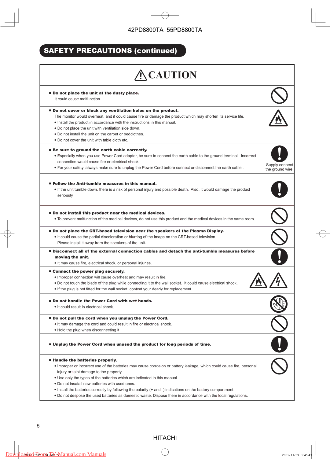 Hitachi 55PD8800TA, 42PD8800TA user manual Do not place the unit at the dusty place 