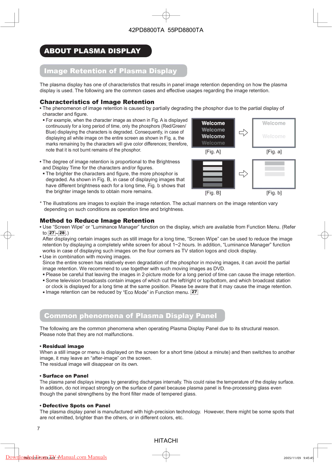 Hitachi 55PD8800TA About Plasma Display, Image Retention of Plasma Display, Common phenomena of Plasma Display Panel 
