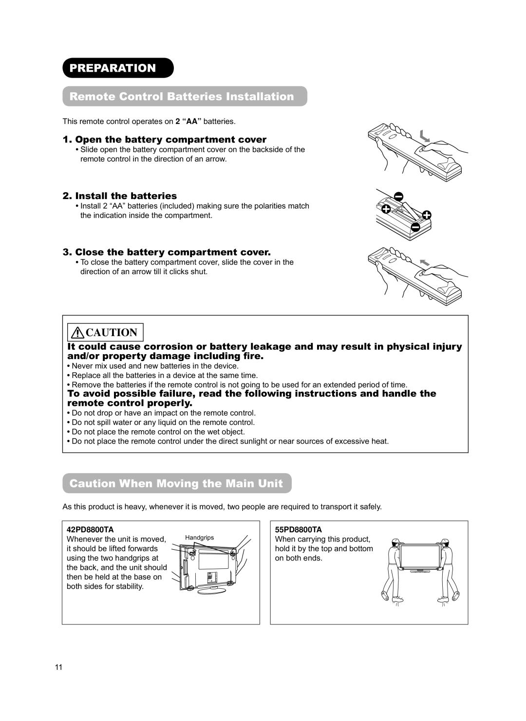 Hitachi 42PD8800TA user manual Preparation, Remote Control Batteries Installation, Open the battery compartment cover 