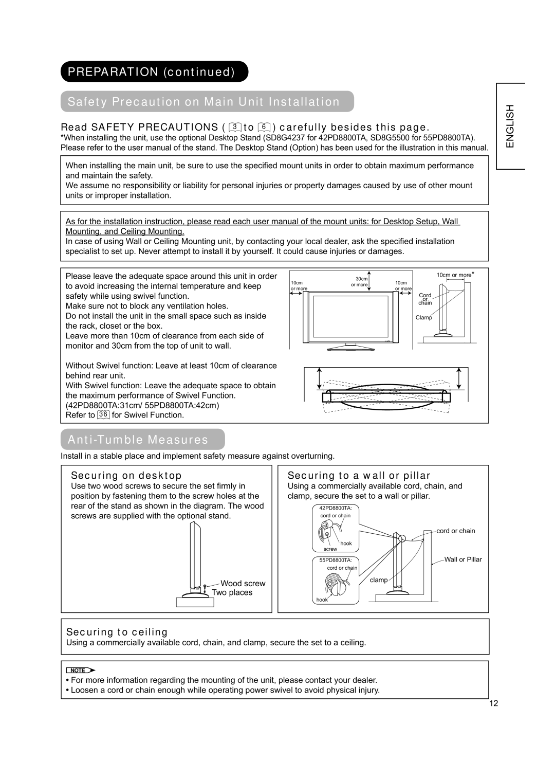 Hitachi 42PD8800TA user manual Preparation Safety Precaution on Main Unit Installation, Anti-Tumble Measures 