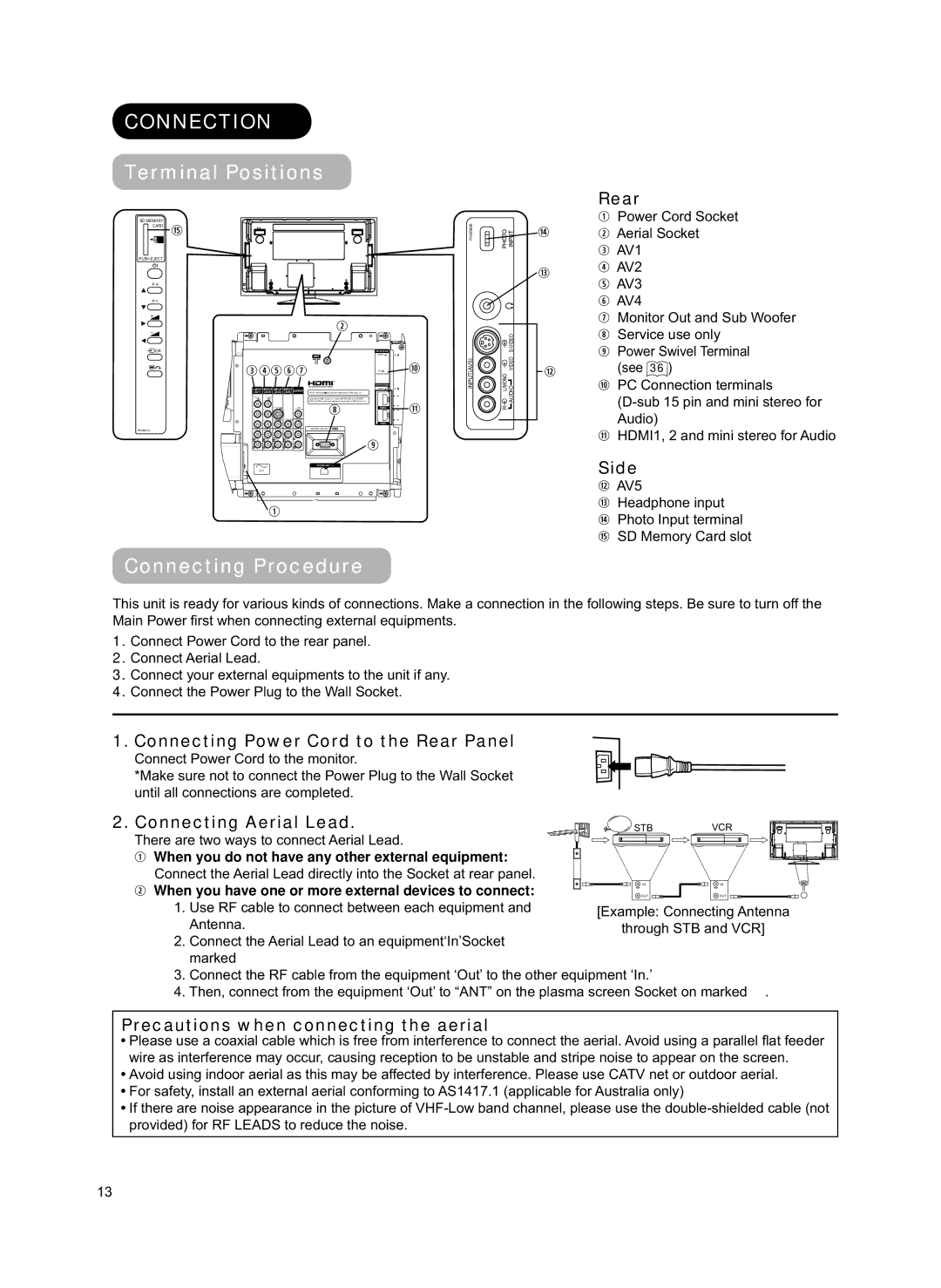 Hitachi 42PD8800TA user manual Connection, Terminal Positions, Connecting Procedure 