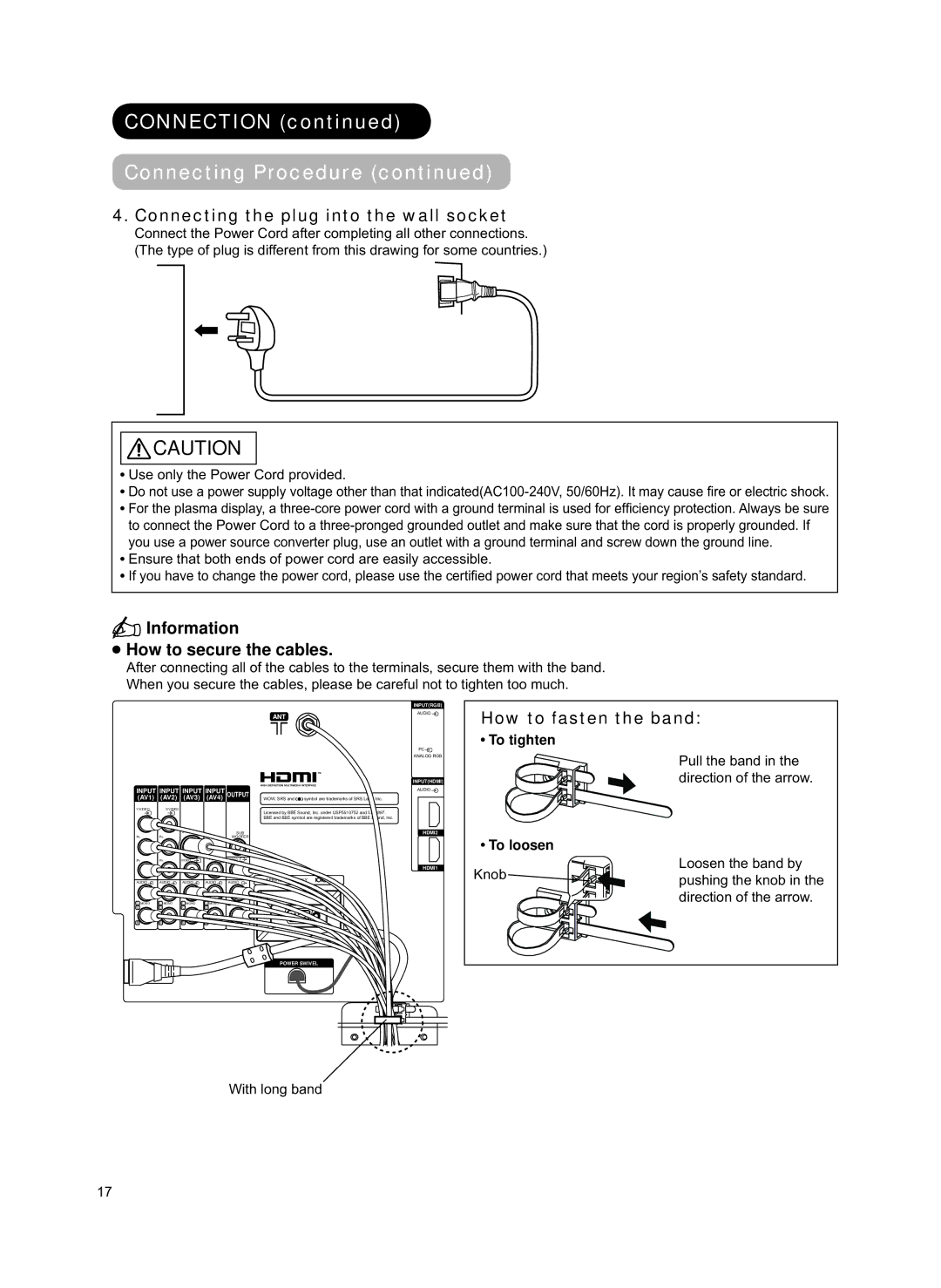 Hitachi 42PD8800TA Connecting the plug into the wall socket, Information How to secure the cables, How to fasten the band 