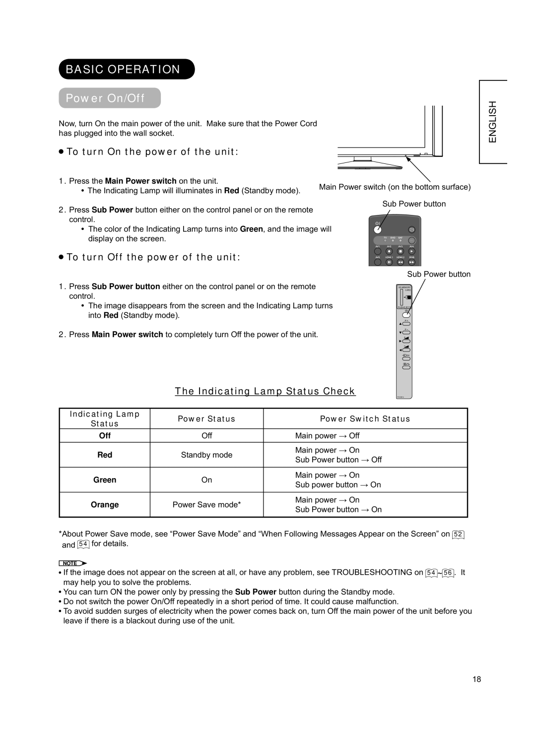 Hitachi 42PD8800TA Basic Operation, Power On/Off, To turn On the power of the unit, To turn Off the power of the unit 