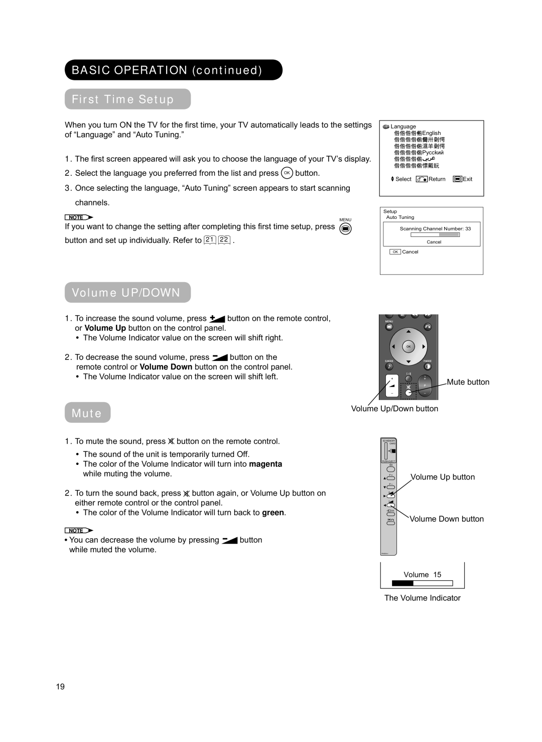 Hitachi 42PD8800TA user manual Basic Operation First Time Setup, Volume UP/DOWN, Mute, Volume Up button, Volume Indicator 