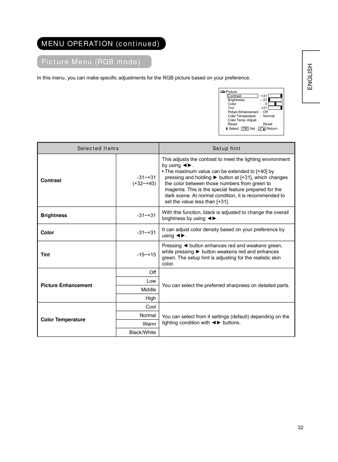 Hitachi 42PD8800TA user manual Menu Operation Picture Menu RGB mode, Picture Enhancement 