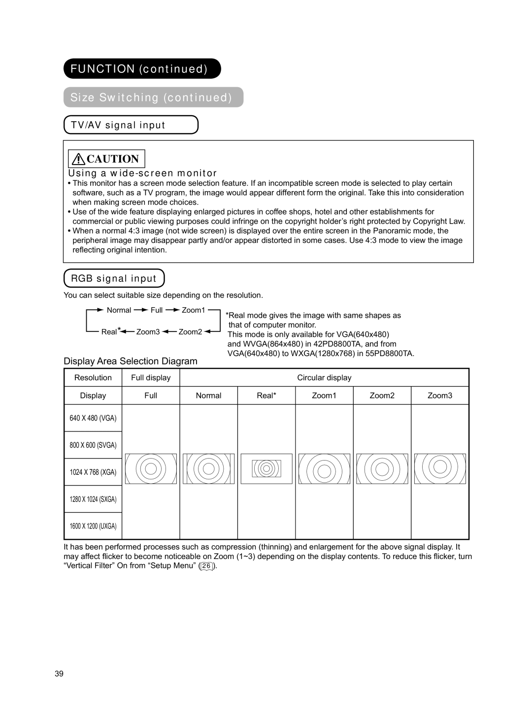 Hitachi 42PD8800TA user manual TV/AV signal input Using a wide-screen monitor, RGB signal input 