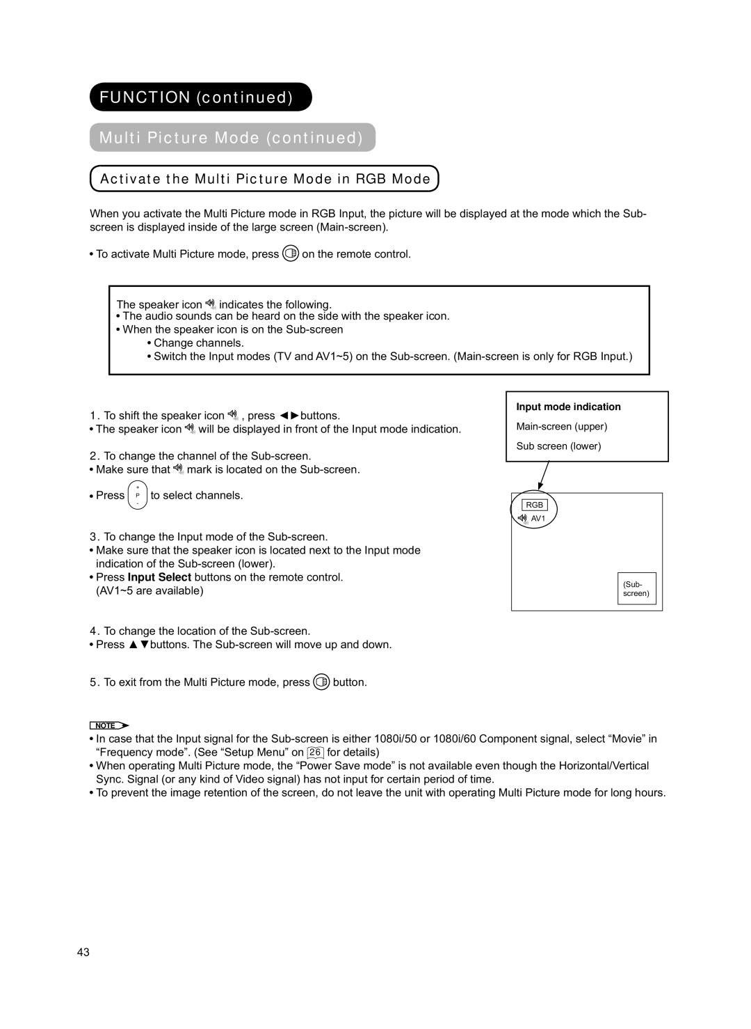 Hitachi 42PD8800TA user manual Activate the Multi Picture Mode in RGB Mode 